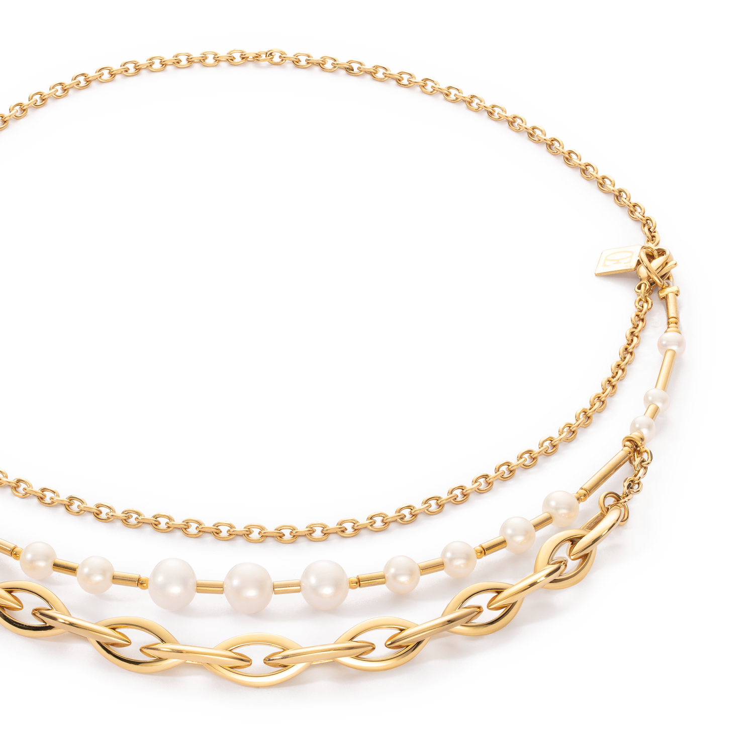 Halskette Süßwasserperlen & Chunky Chain Navette Multiwear weiß-gold