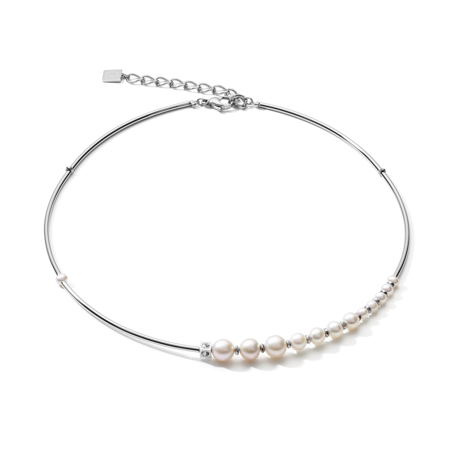 Halskette Asymmetrie Süßwasserperlen & Edelstahl weiß-silber