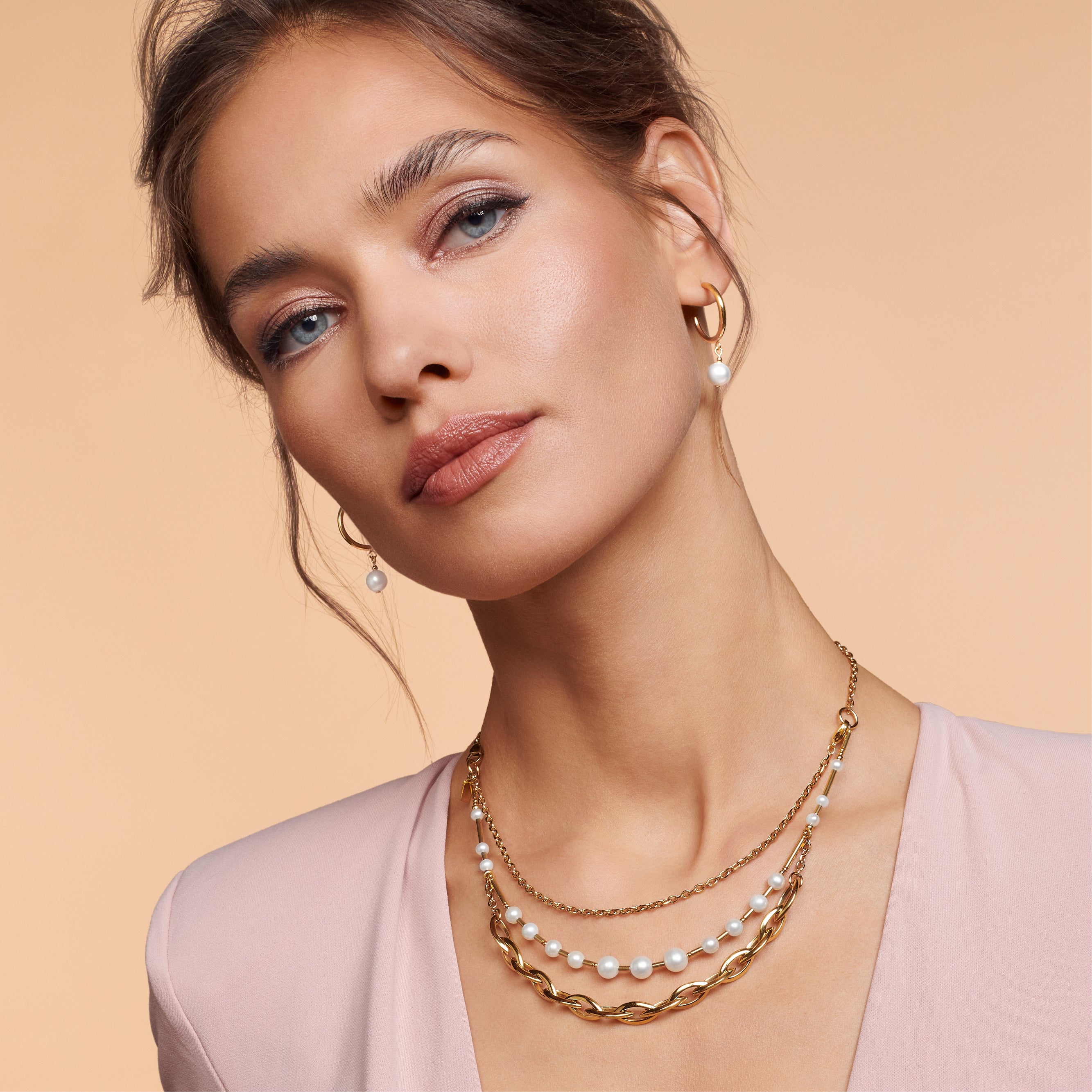 Ohrringe Creole Süßwasserperlen & Chunky ChainNavette Multiwear weiß-gold
