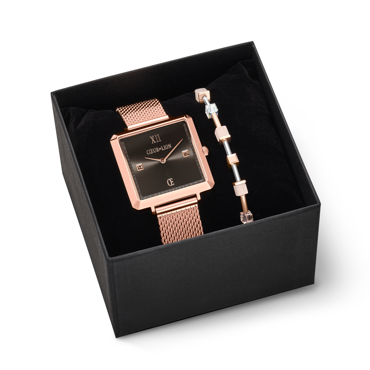 Geschenkset Uhr Iconic Square Mocca Sunray Milanaise & Armband GeoCUBE® rosa Aventurin roségold-peach