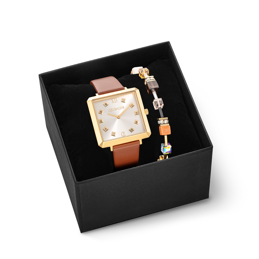 Geschenkset Uhr Iconic Square Gold Classy Braun & Armband GeoCUBE® Iconic Precious Braun