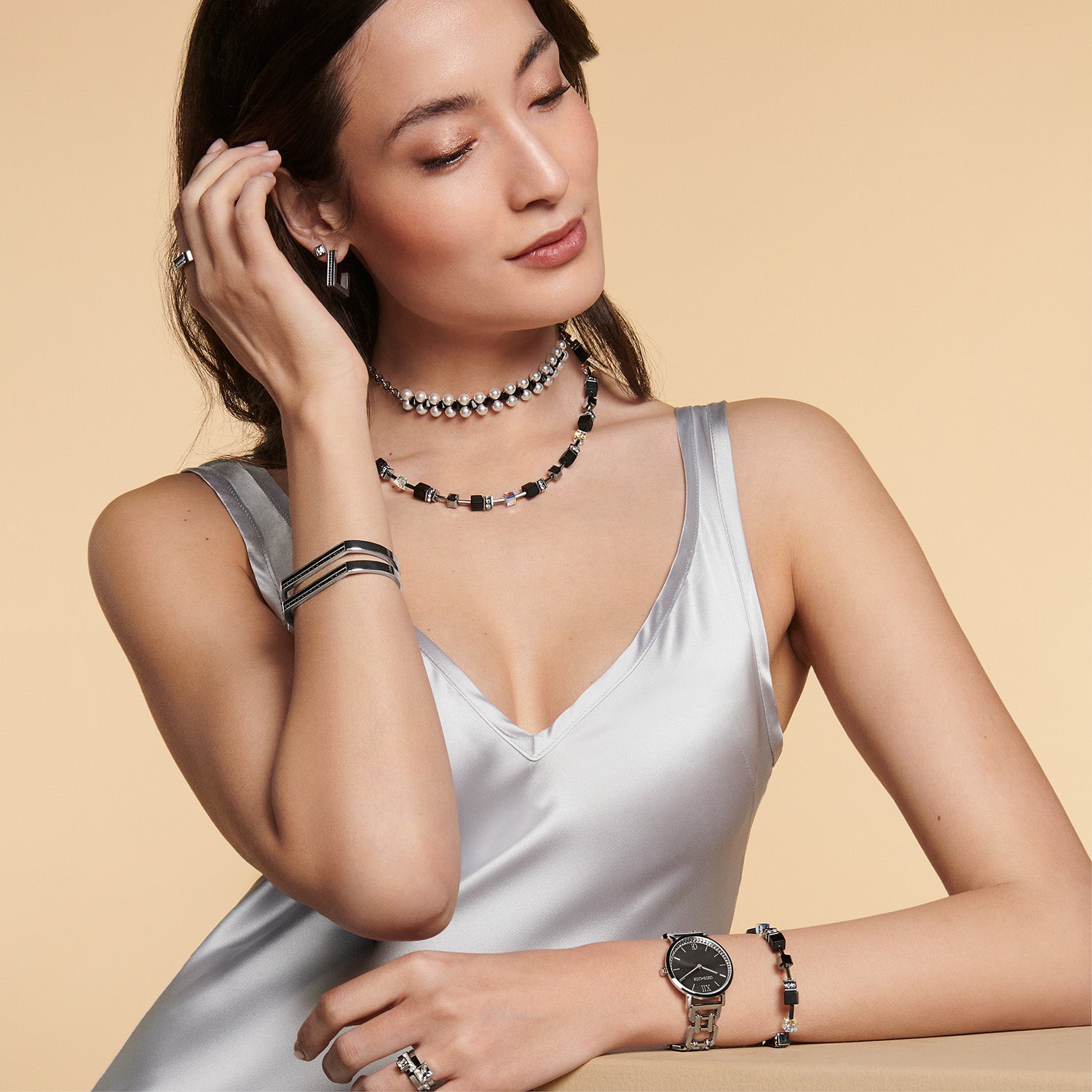 Ohrringe Creole Square Stripes 20 silber-schwarz