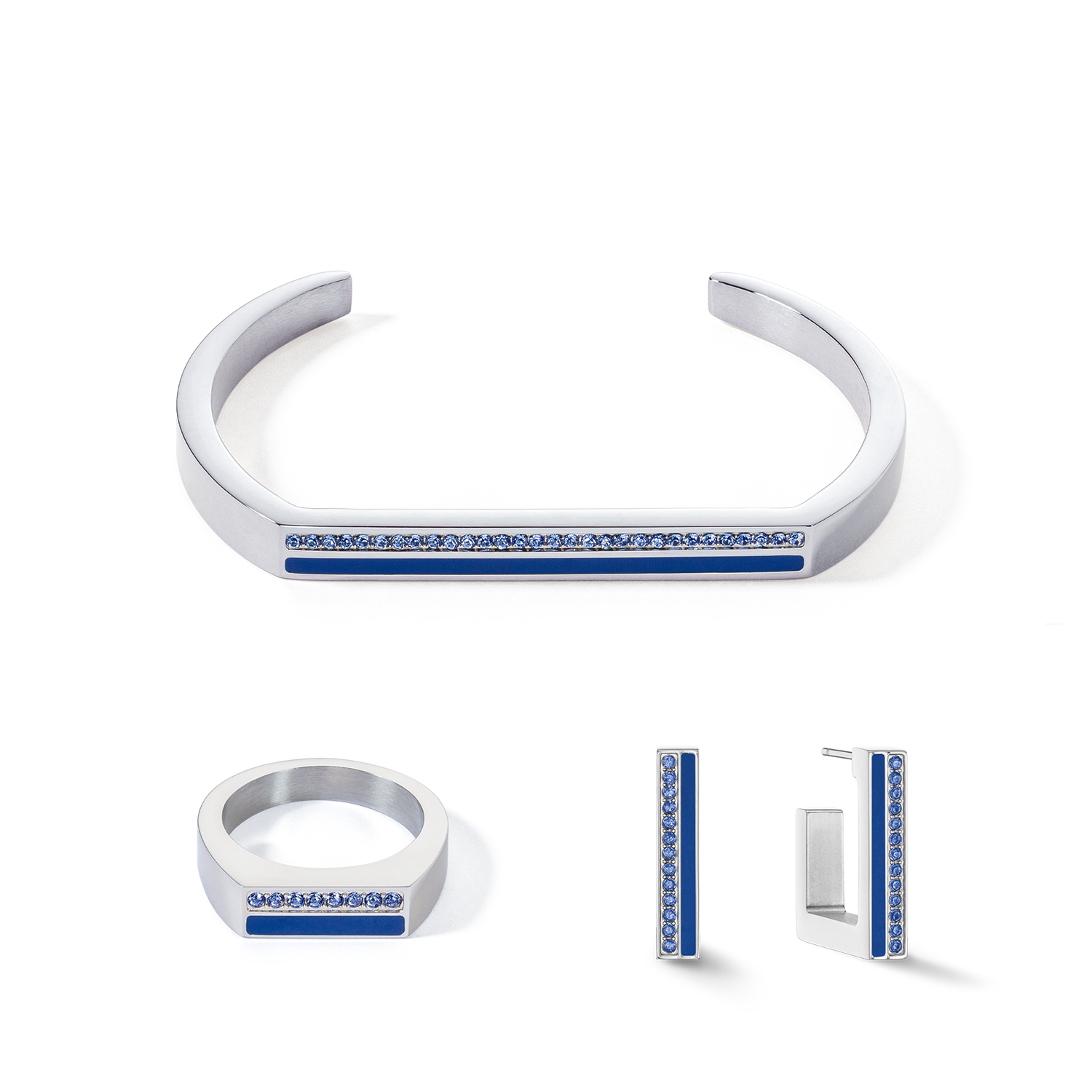 Armreif Cuff Square Stripes silber-blau von COEUR DE LION – im Set mit passenden Schmuckstücken
