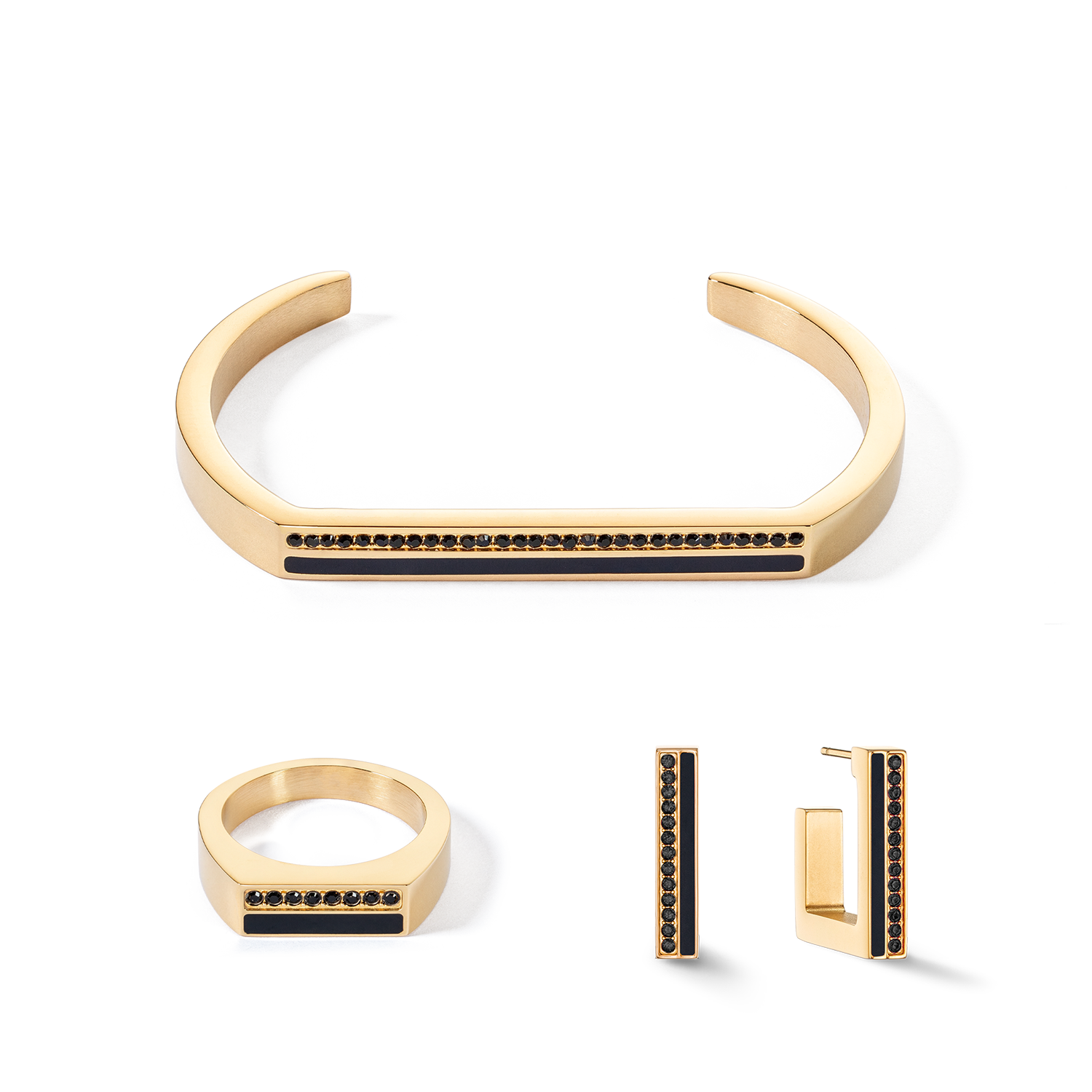 Armreif Cuff Square Stripes gold-schwarz von COEUR DE LION – im Set mit passenden Schmuckstücken