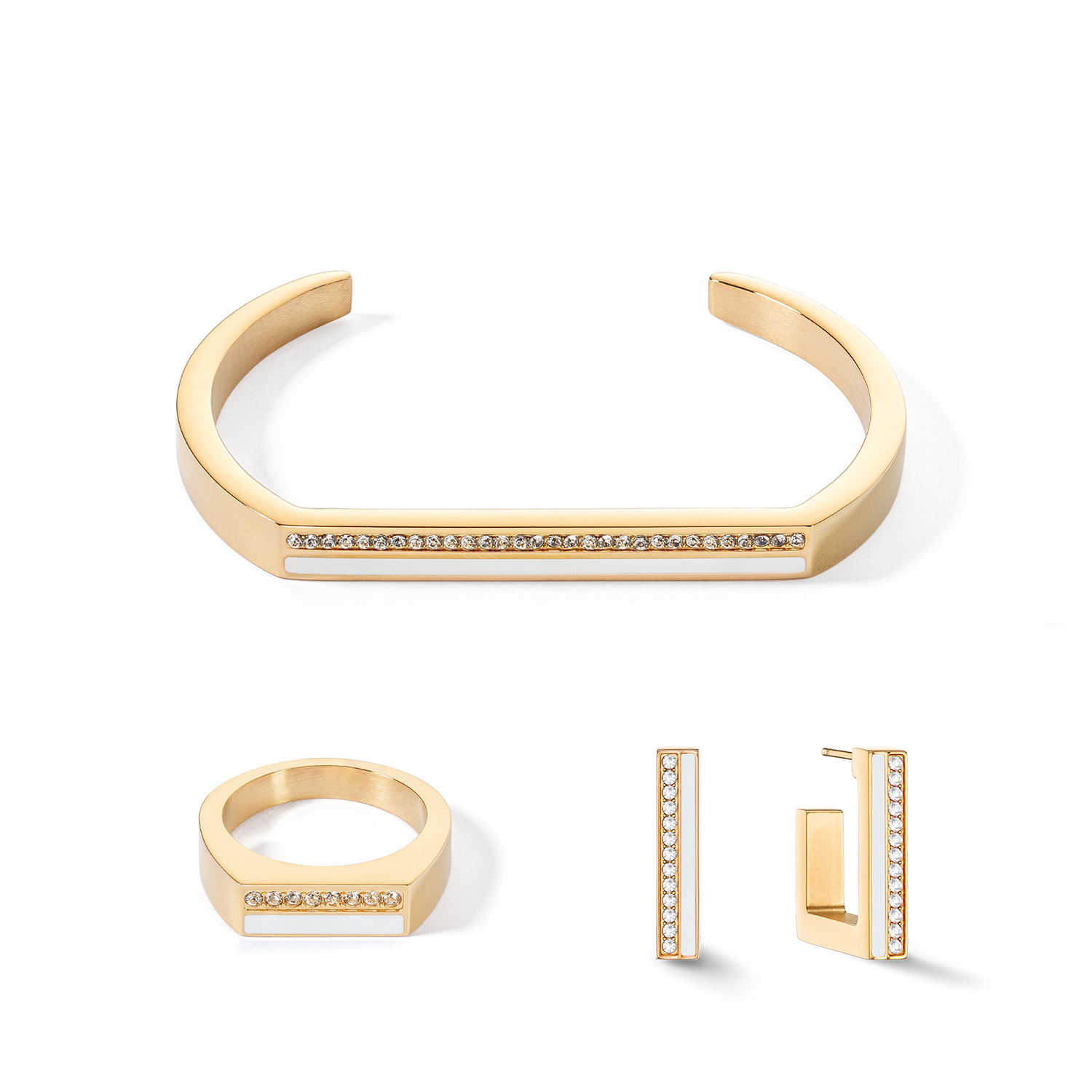 Ring Square Stripes gold-weiß von COEUR DE LION – im Set mit passenden Schmuckstücken