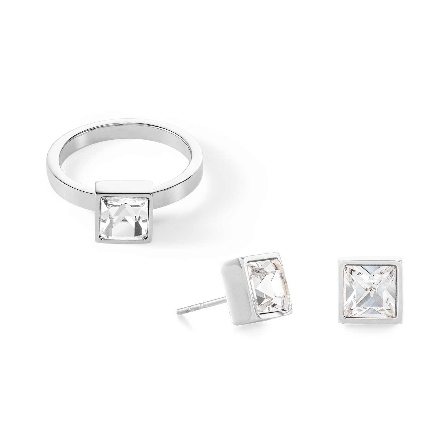 Brilliant Square big Ring silber kristall von COEUR DE LION – im Set mit passenden Schmuckstücken