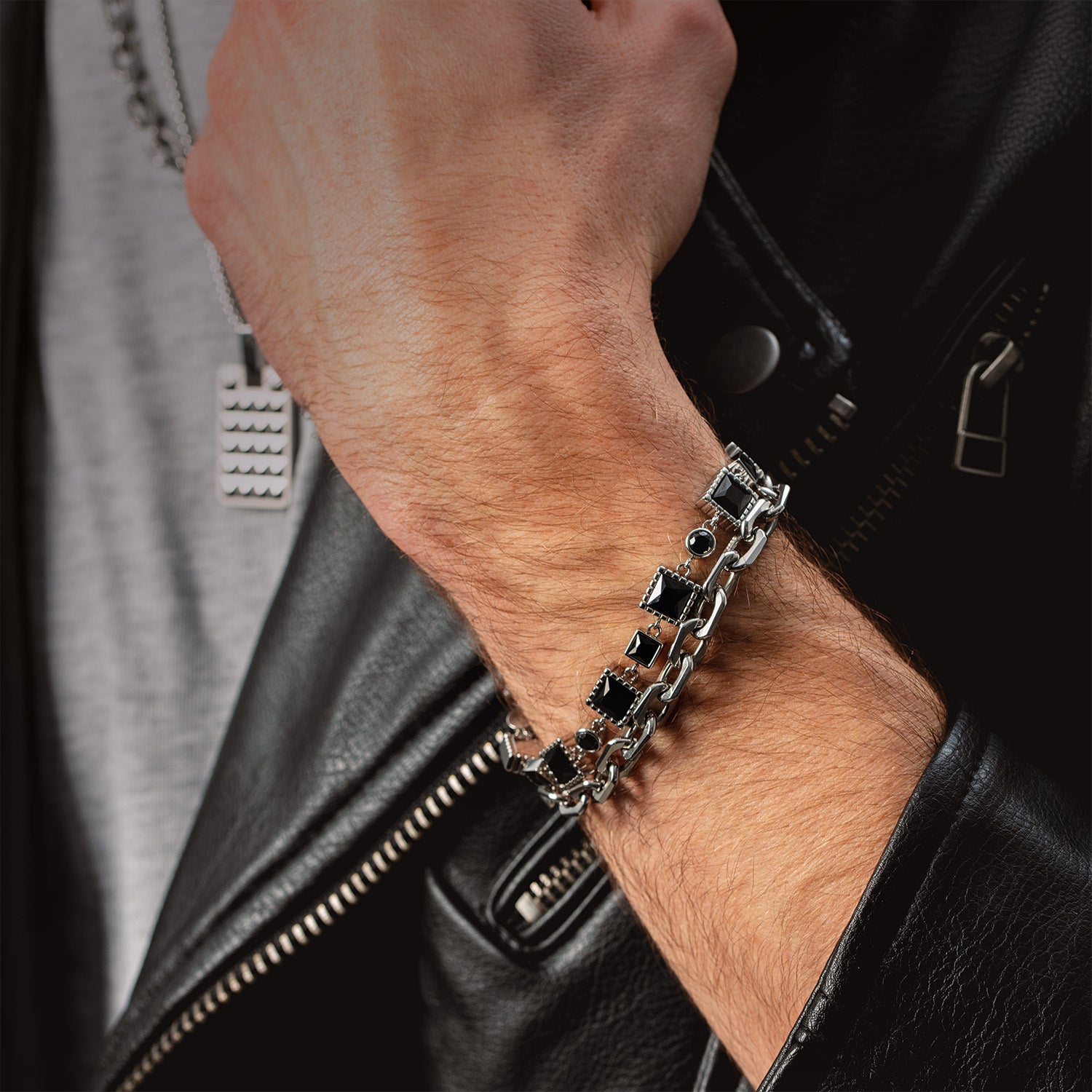 Armband Geometry Spinell und Edelstahl Silber-Schwarz