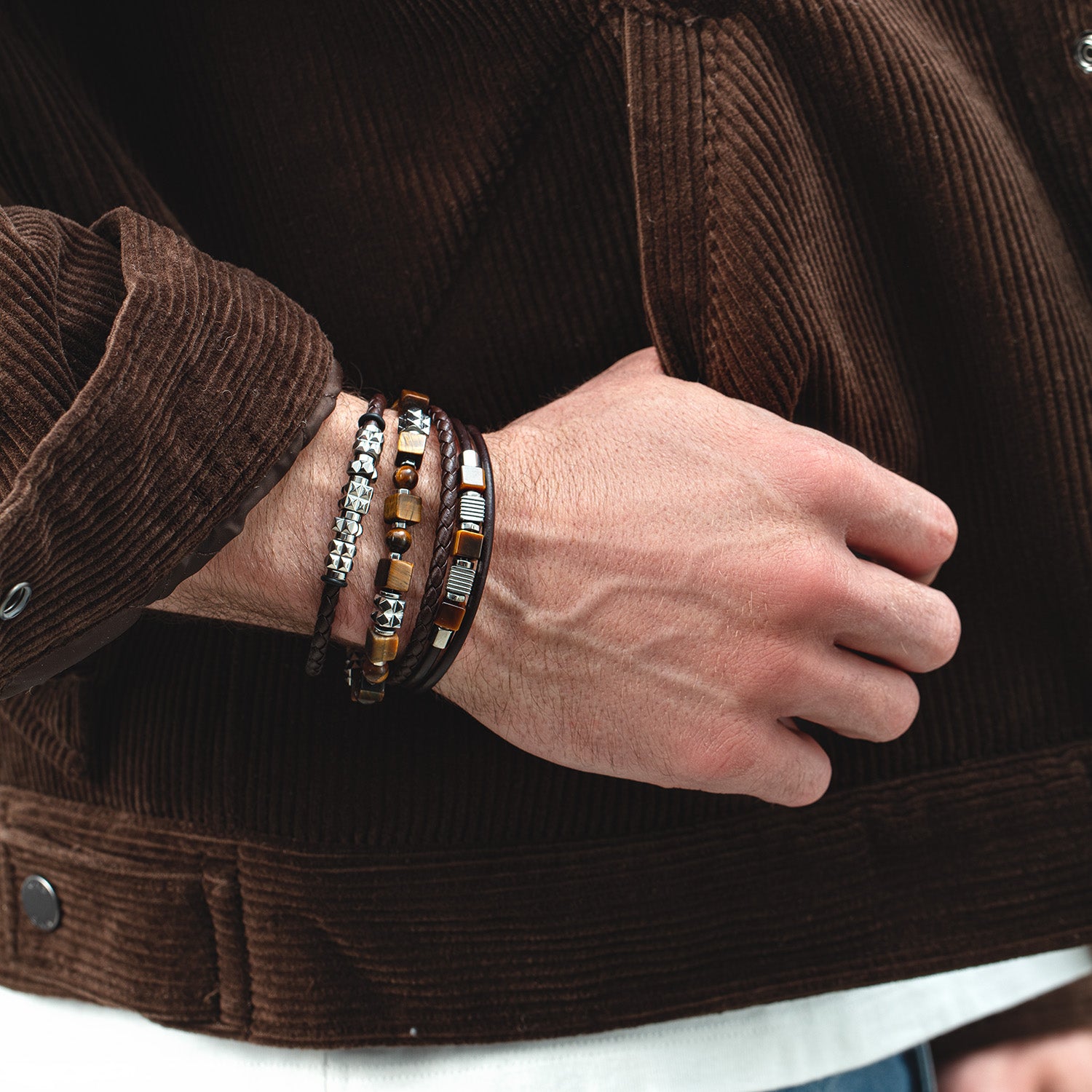 Armband Leder Braun mit Edelstahl Spikes Cubes