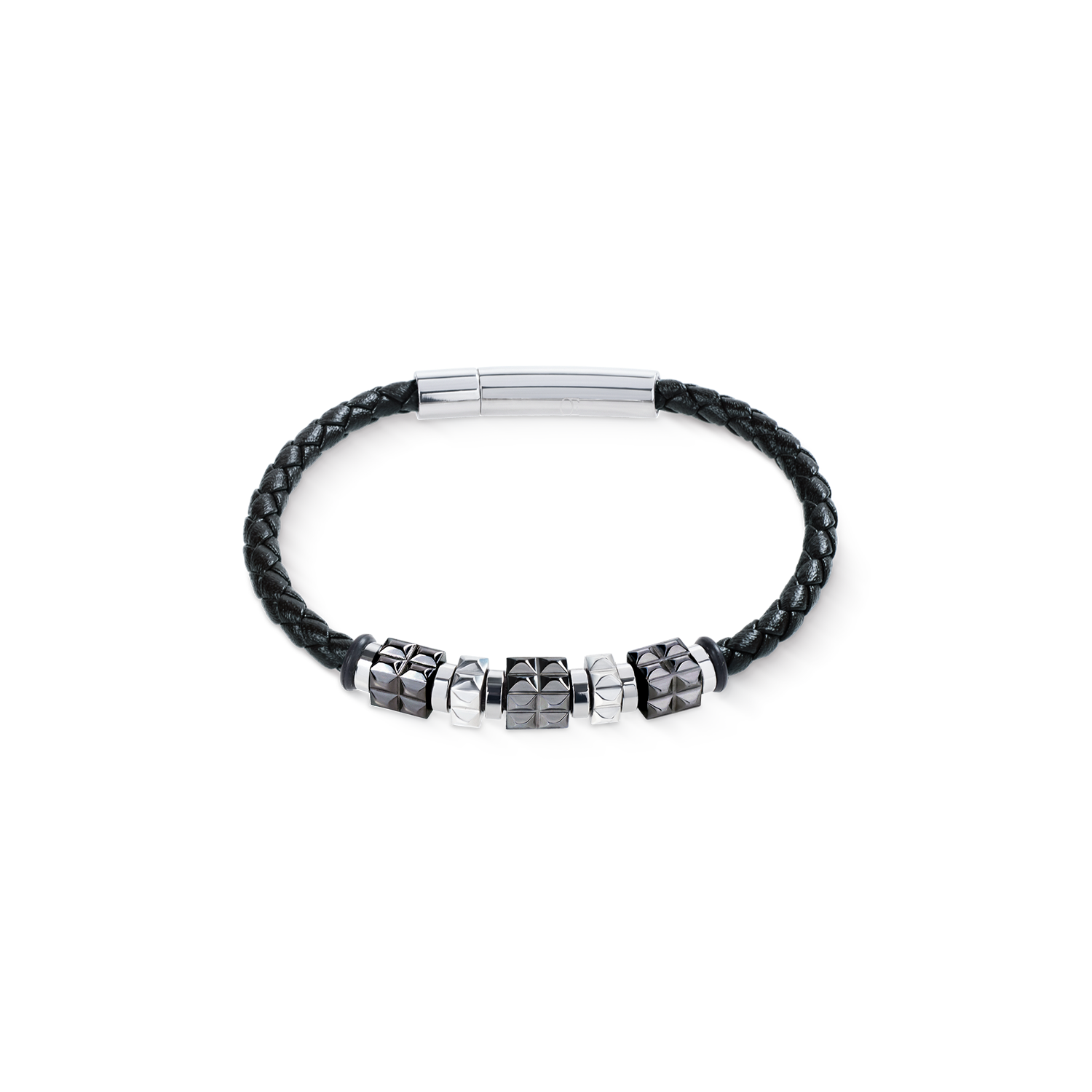 Armband Leder Schwarz mit Edelstahl Gun Metal Spikes Cubes