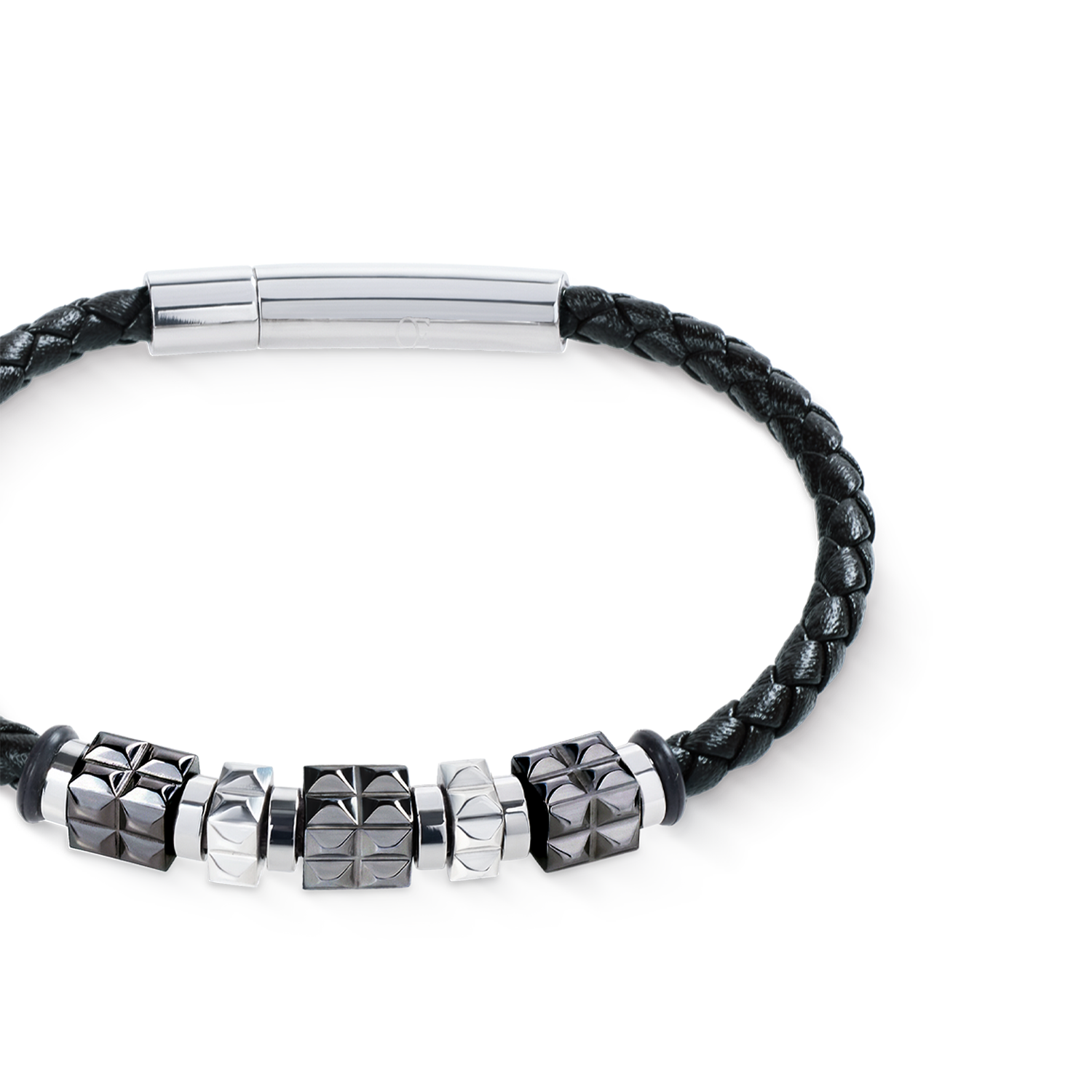 Armband Leder Schwarz mit Edelstahl Gun Metal Spikes Cubes