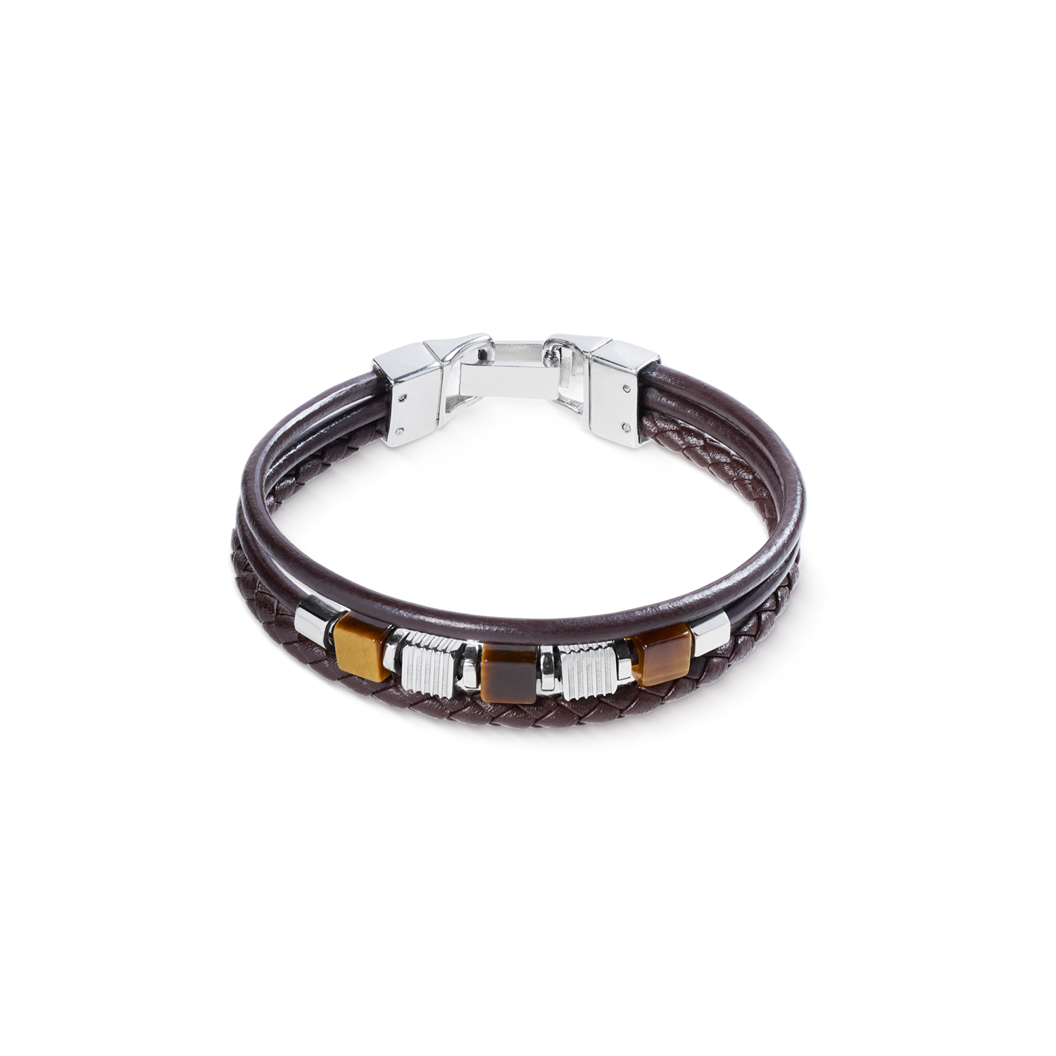 Armband Leder Braun 3-reihig mit Tigerauge und Graphic Relief Edelstahl Cubes