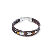 Armband Leder Braun 3-reihig mit Tigerauge und Graphic Relief Edelstahl Cubes von COEUR DE LION