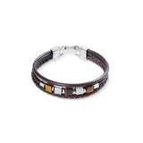 Armband Leder Braun 3-reihig mit Tigerauge und Graphic Relief Edelstahl Cubes