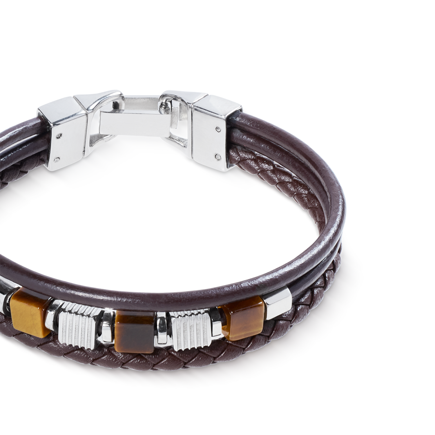 Armband Leder Braun 3-reihig mit Tigerauge und Graphic Relief Edelstahl Cubes
