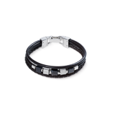 Armband Leder Schwarz 3-reihig mit Streifen-Onyx und Graphic Relief Edelstahl Cubes
