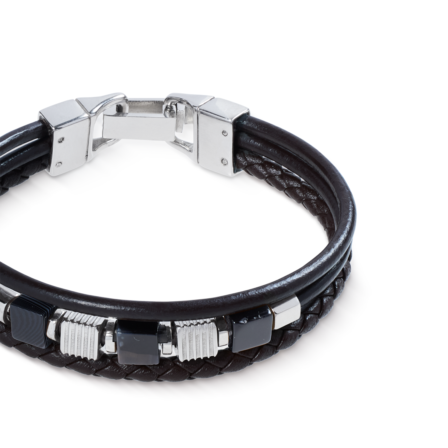 Armband Leder Schwarz 3-reihig mit Streifen-Onyx und Graphic Relief Edelstahl Cubes