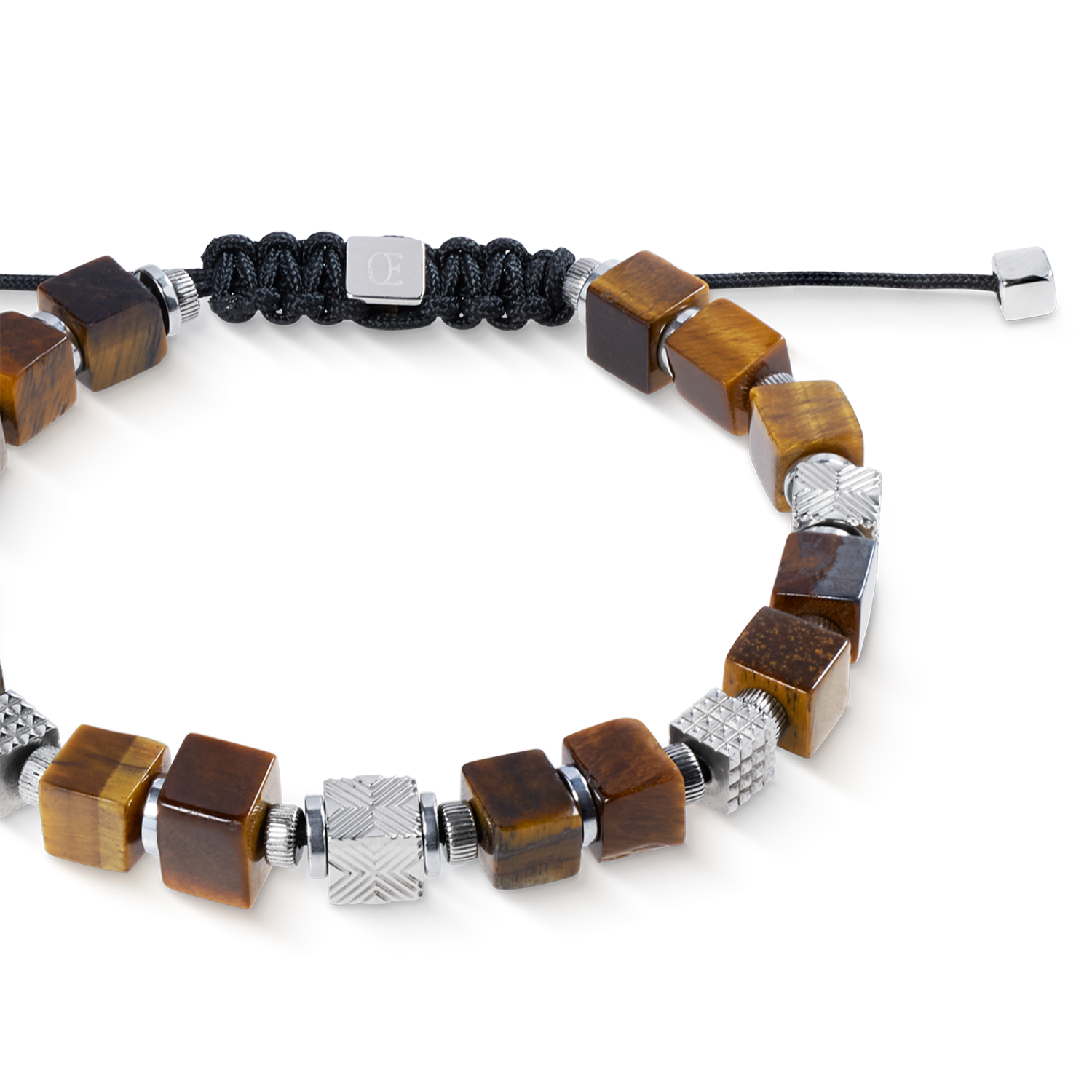 Armband Cubes Tigerauge und Graphic Relief Edelstahl mit textilem Schiebeverschluss