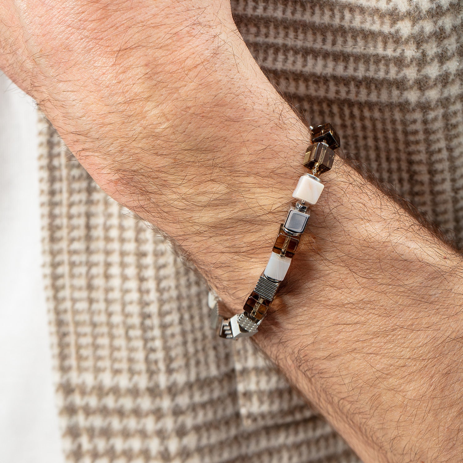 Armband Tigerauge Graphic Cubes aus Edelstahl