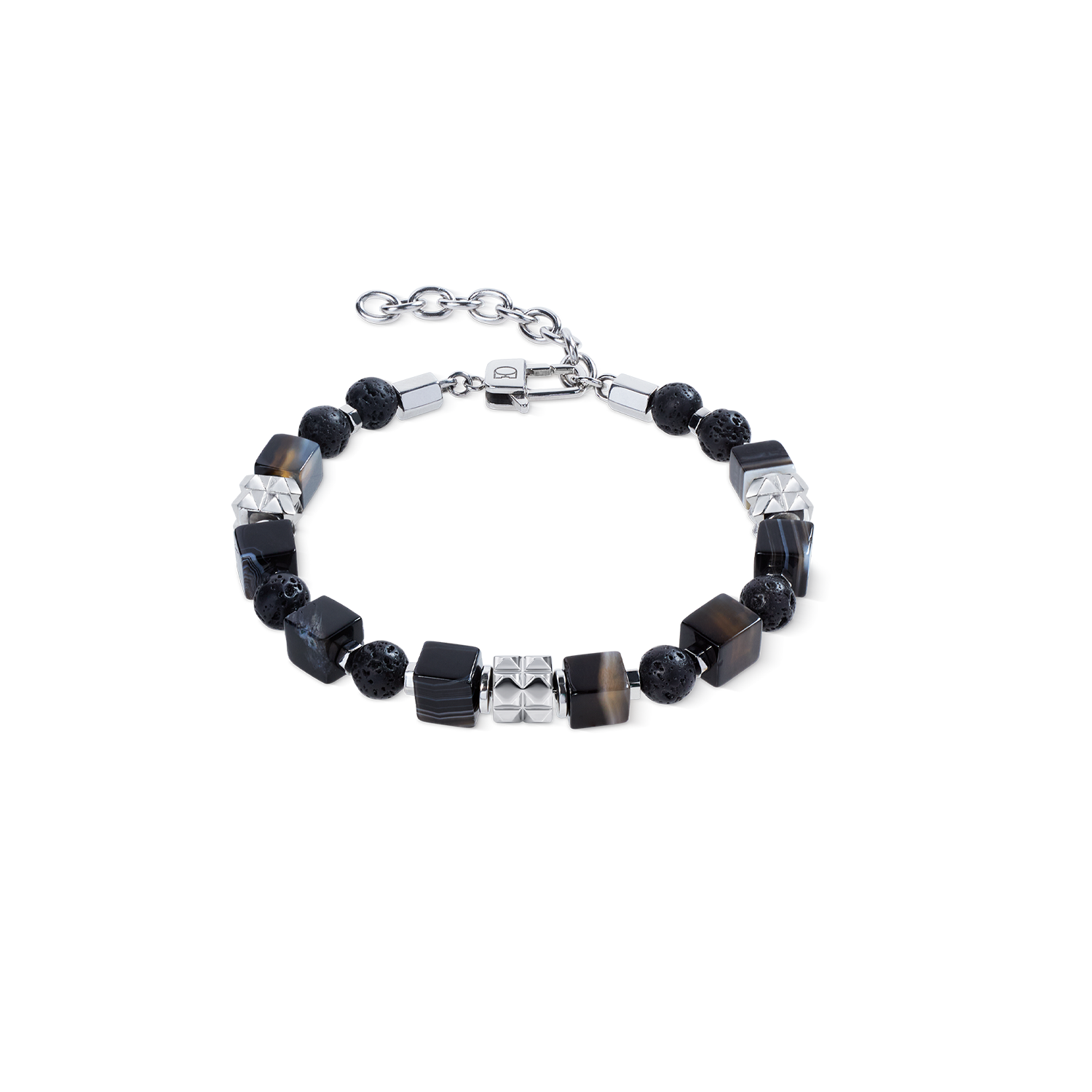 Armband Streifen-Onyx Cubes und Lava-Kugeln mit Spikes Cubes aus Edelstahl