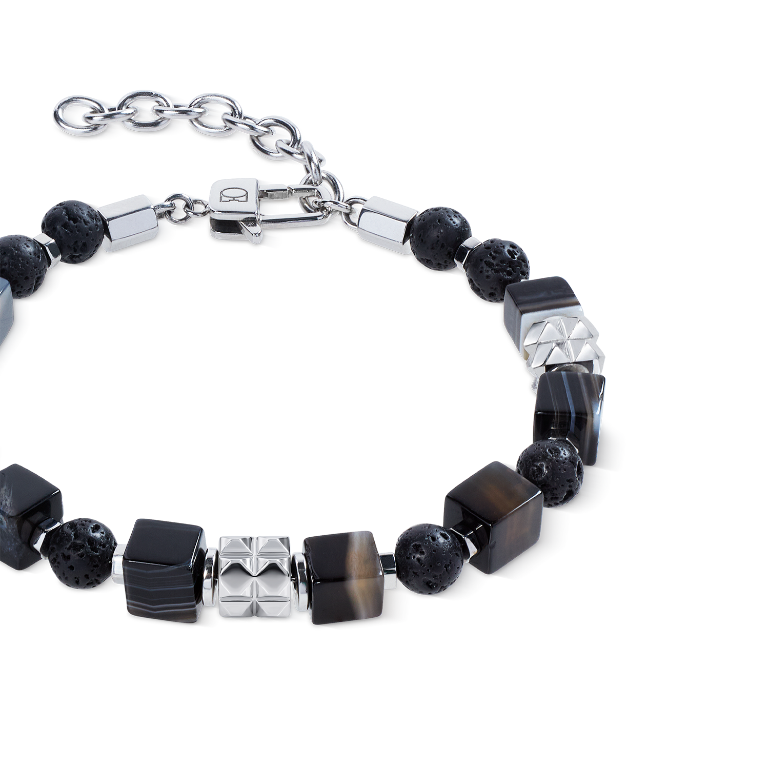 Armband Streifen-Onyx Cubes und Lava-Kugeln mit Spikes Cubes aus Edelstahl