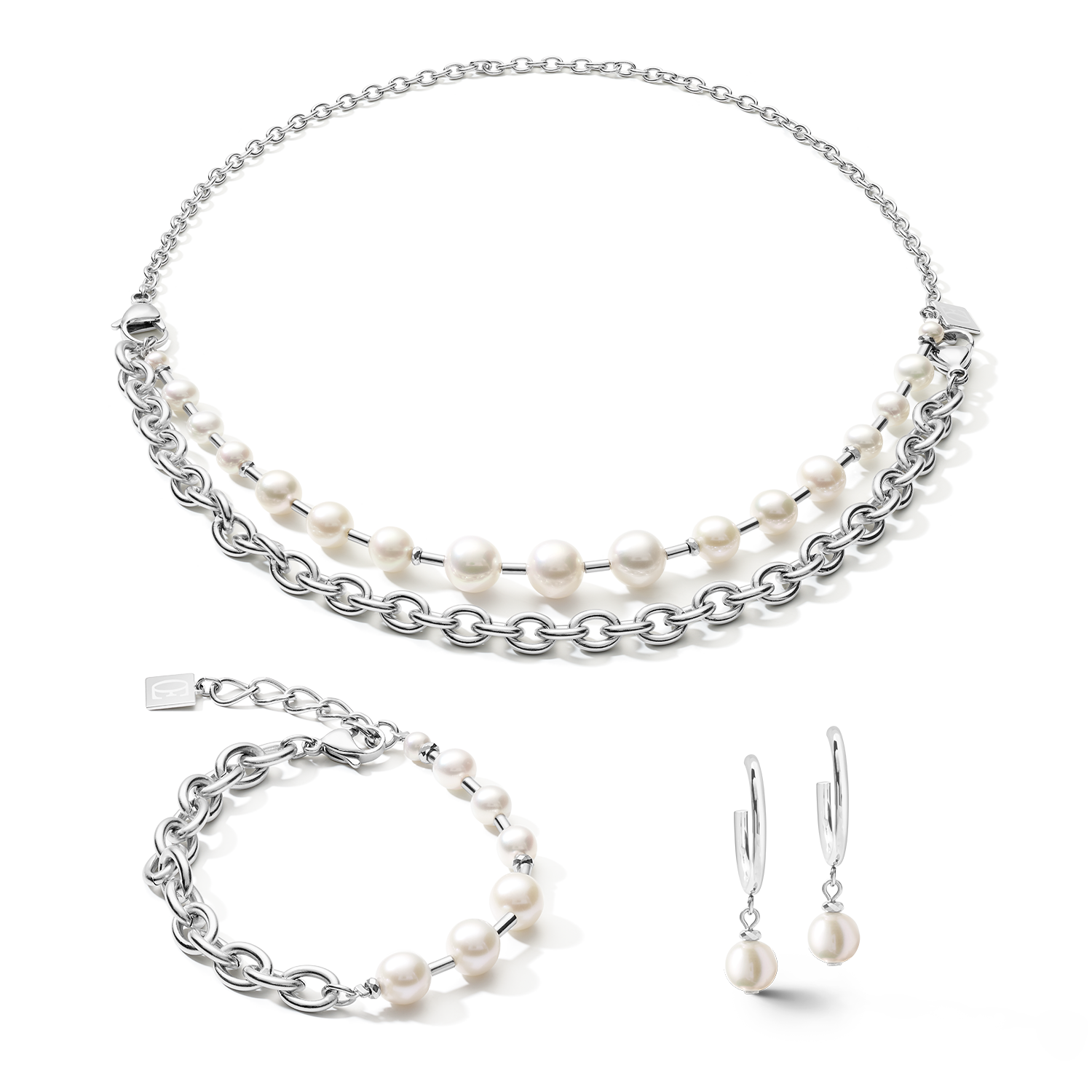 Halskette Süßwasserperlen & chunky chain 4-in-1 weiß-silber