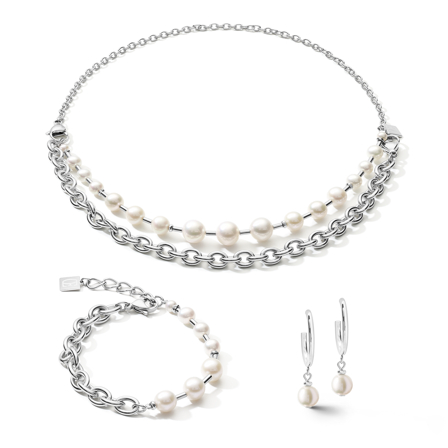 Armband Süßwasserperlen & chunky chain 4-in-1 weiß-silber