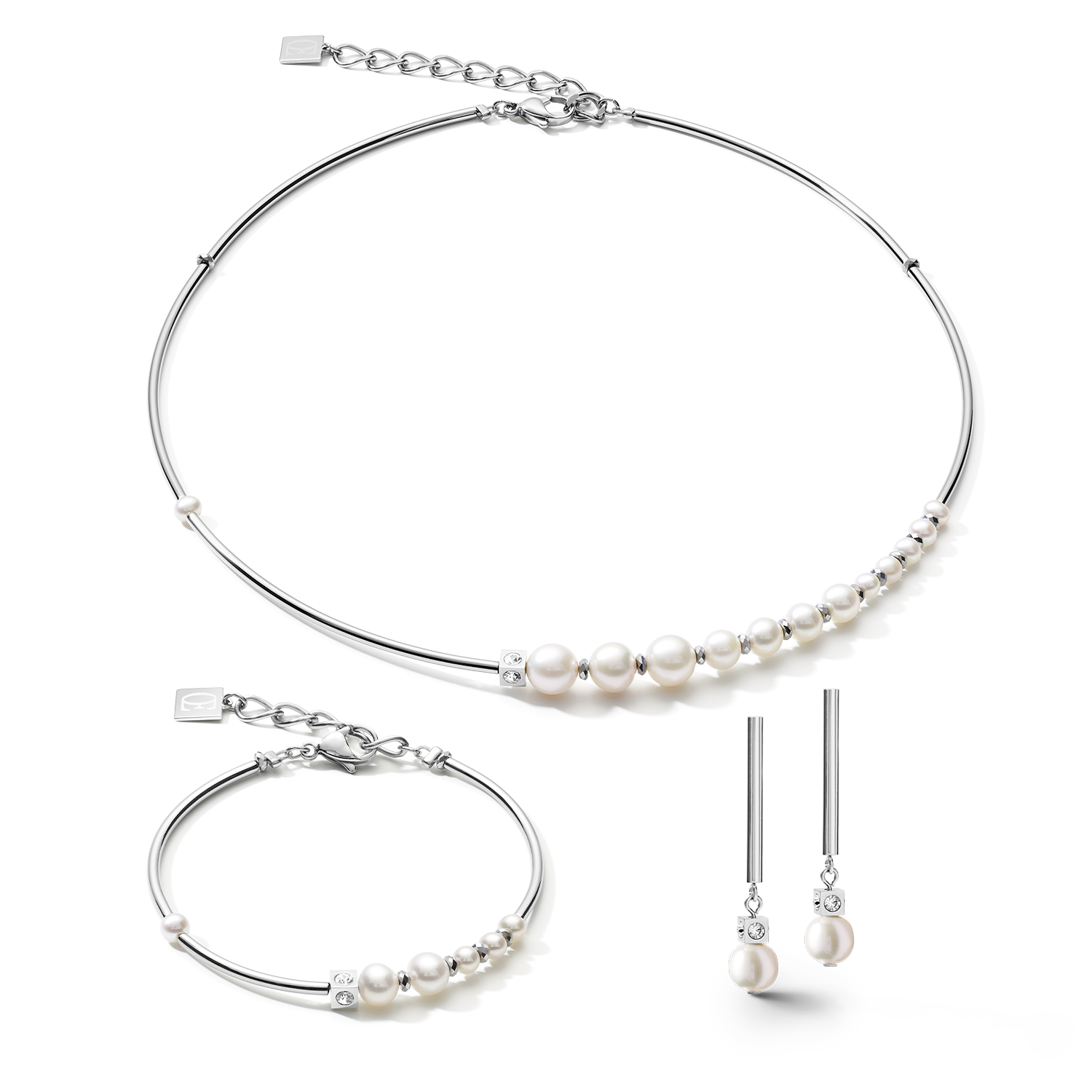 Ohrringe Asymmetrie Süßwasserperlen & Edelstahl weiß-silber