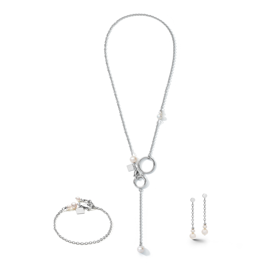 Ohrringe Y Kette & Ring Süßwasserperlen & Edelstahl weiß-silber