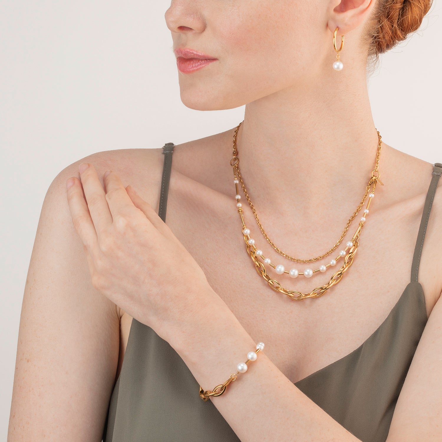 Halskette Süßwasserperlen & Chunky Chain Navette Multiwear weiß-gold