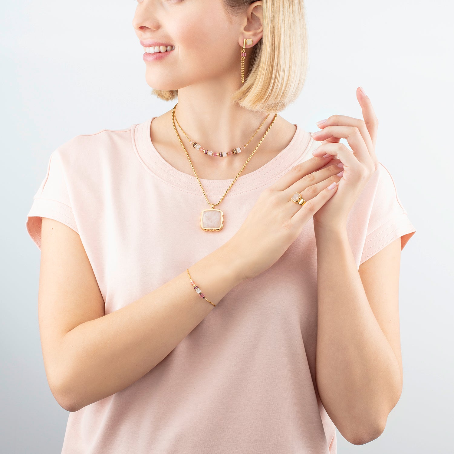 Ohrringe Spikes Square Rosenquarz Gold-Rosa