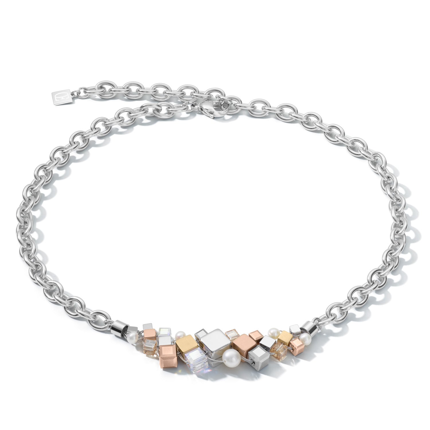 Halskette GEOCUBE® Cluster Süßwasserperlen &amp; chunky chain tricolor von COEUR DE LION