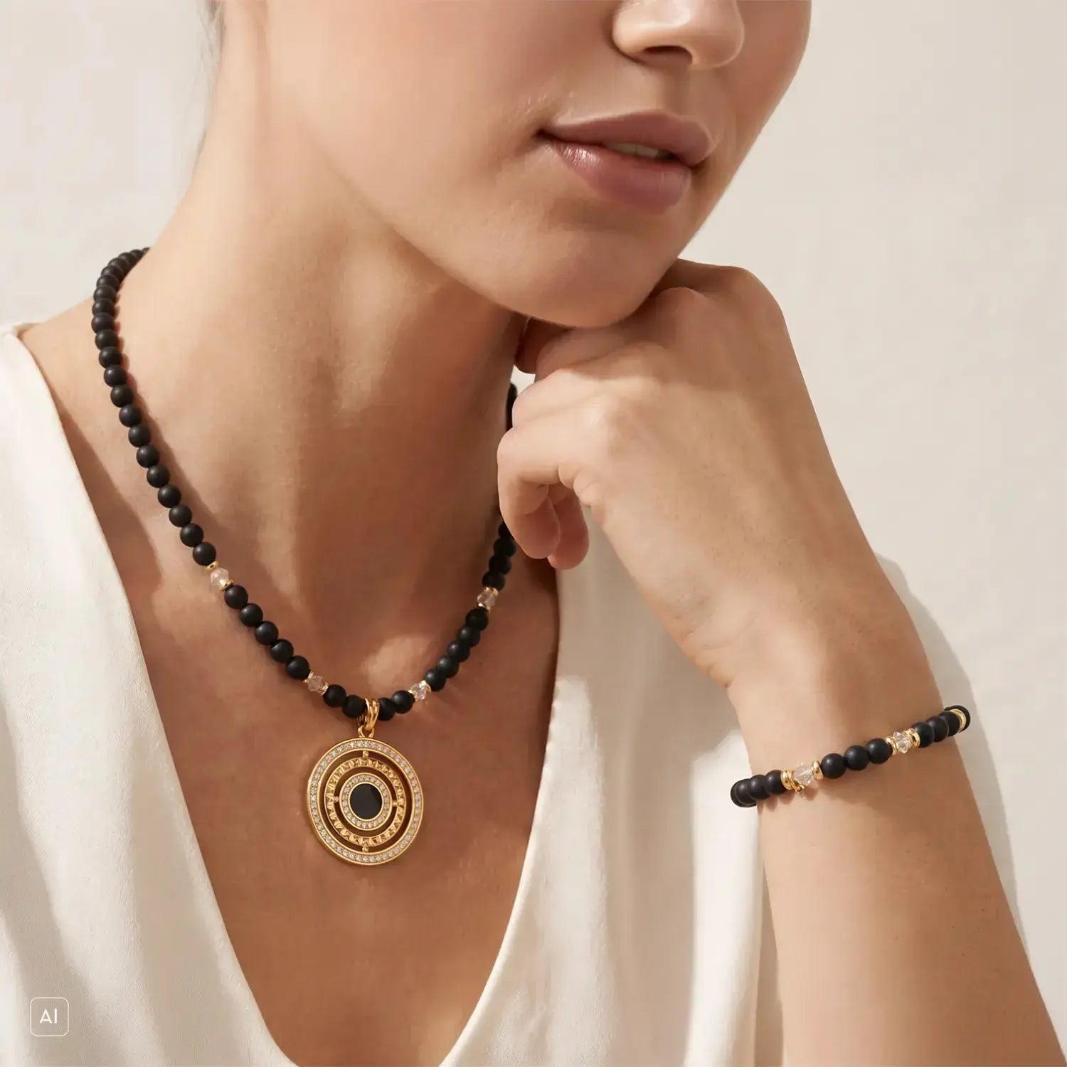 COEUR DE LION Halskette Amulett Modern Icon Noir Gold – am Model