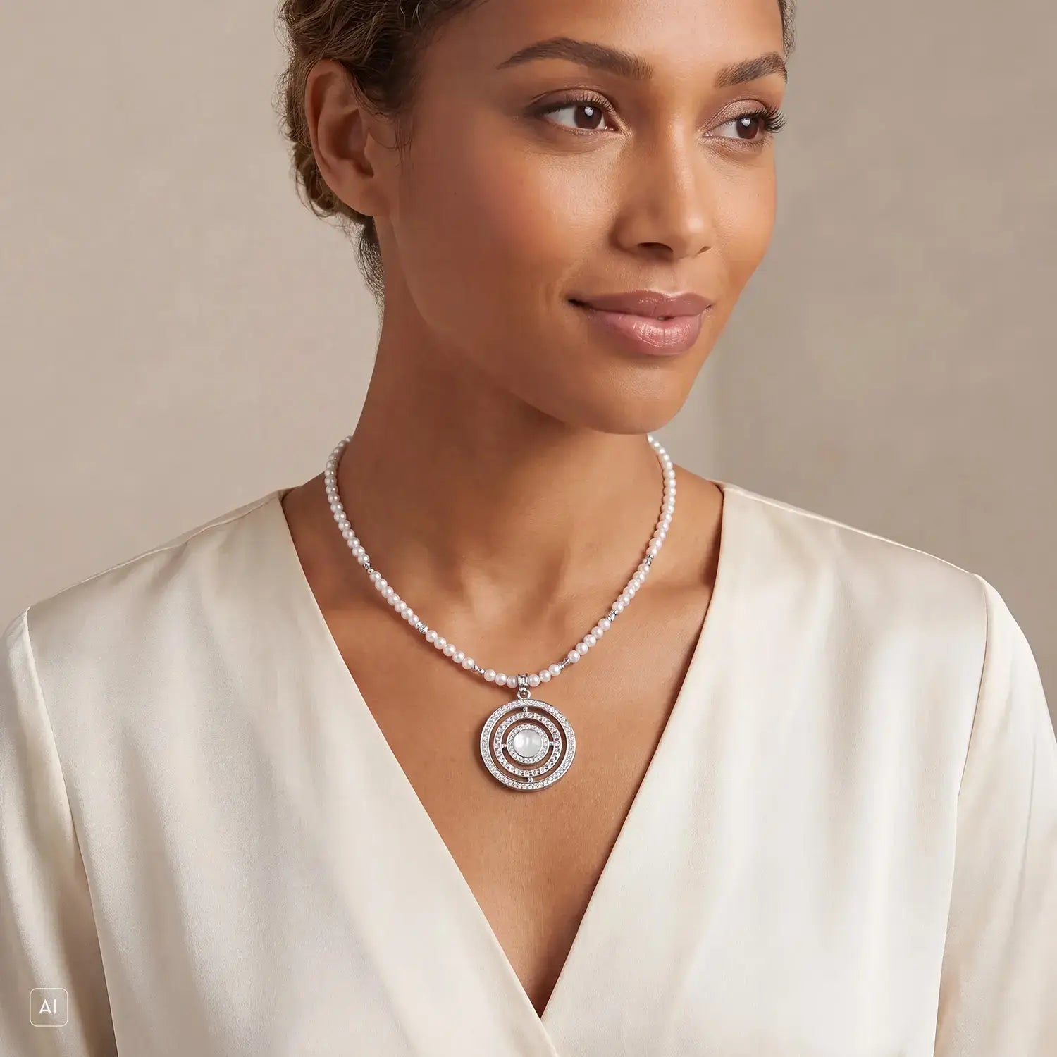 COEUR DE LION Halskette Amulett Modern Icon Pearl Silber – am Model
