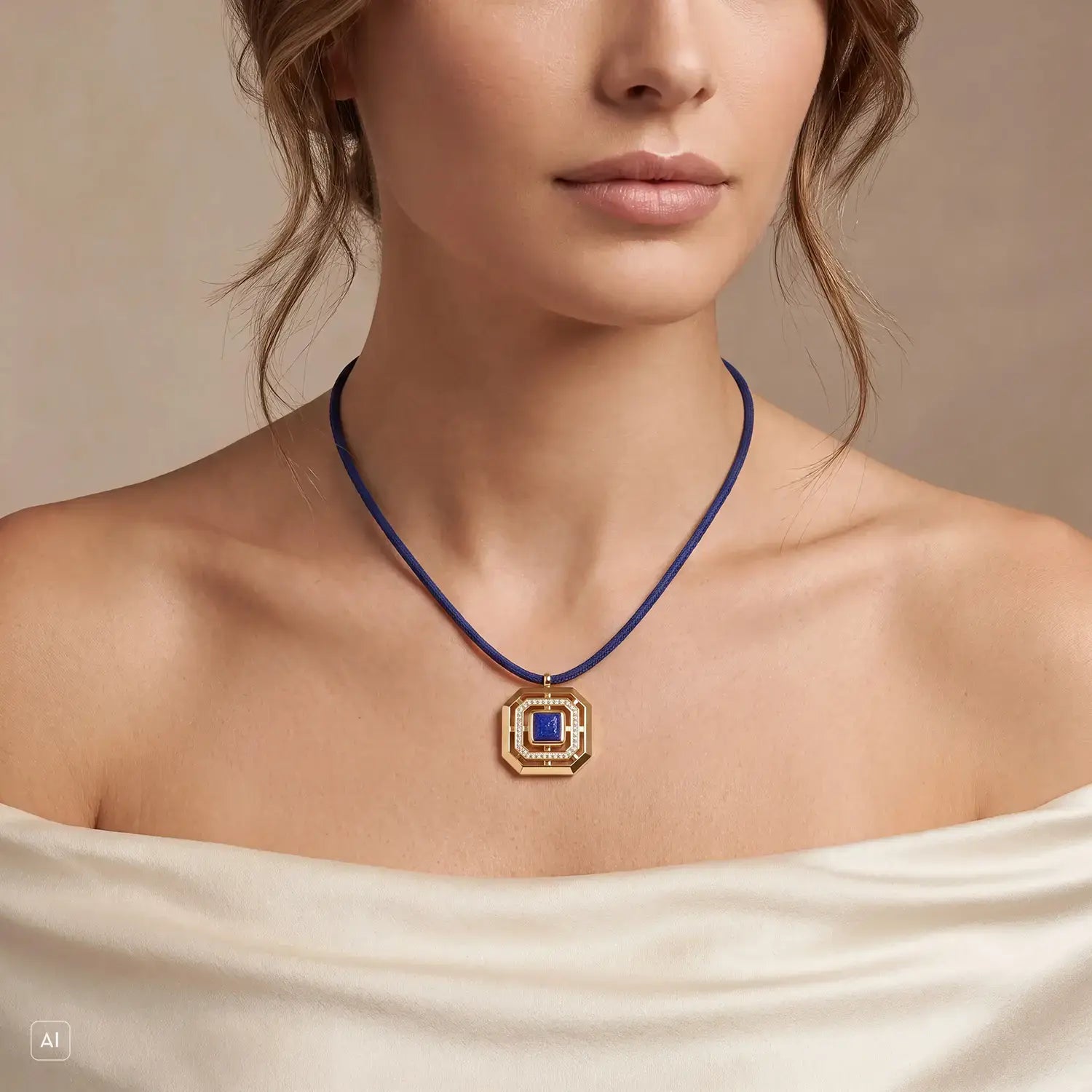 COEUR DE LION Halskette Amulett Icon Frame Soft Lapis Gold – am Model