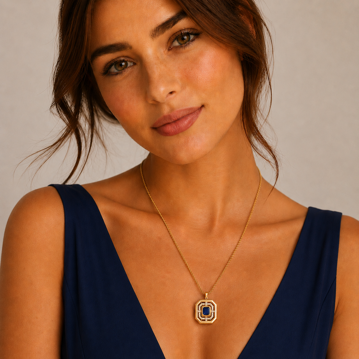 COEUR DE LION Halskette Amulett Icon Frame Pure Lapis Gold – am Model