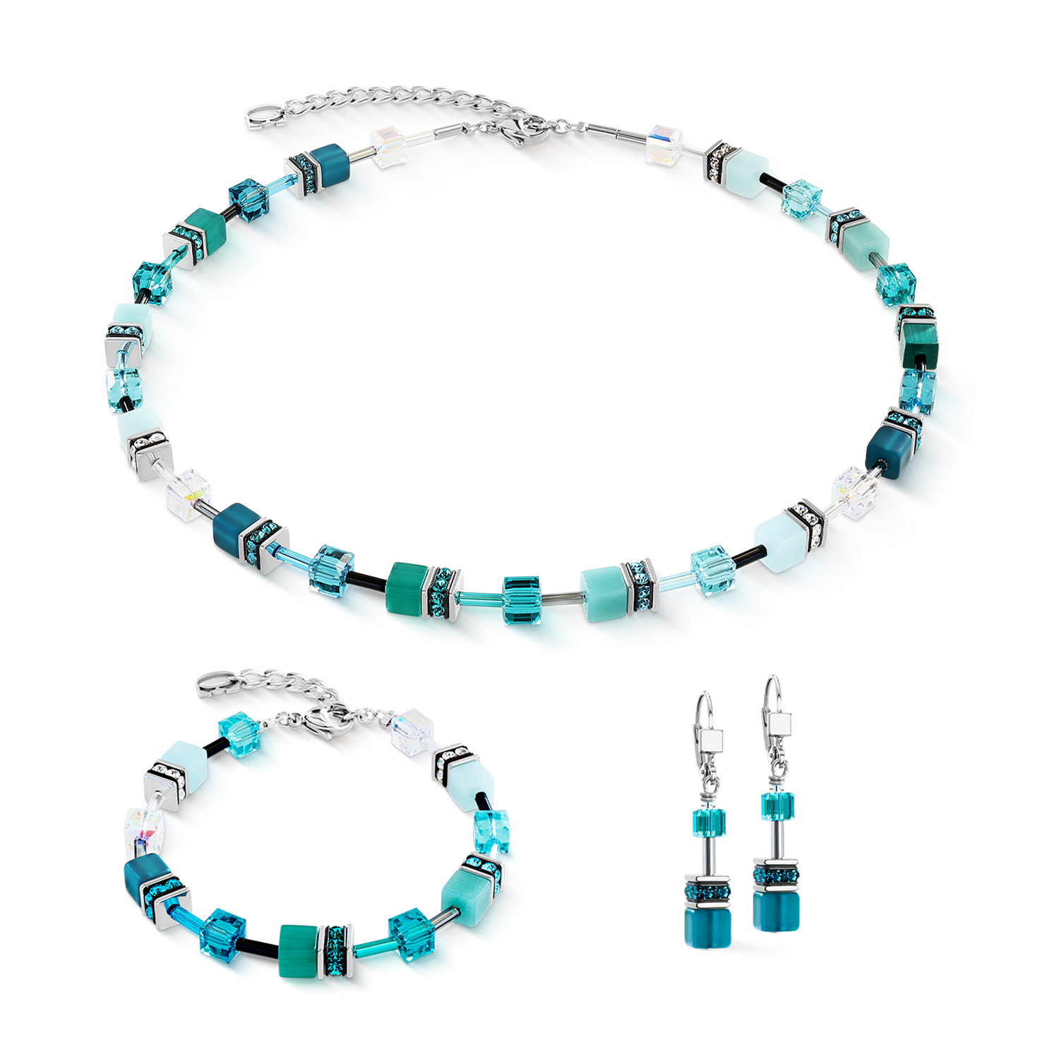 GeoCUBE® Iconic Halskette Teal silber von COEUR DE LION – im Set mit passenden Schmuckstücken
