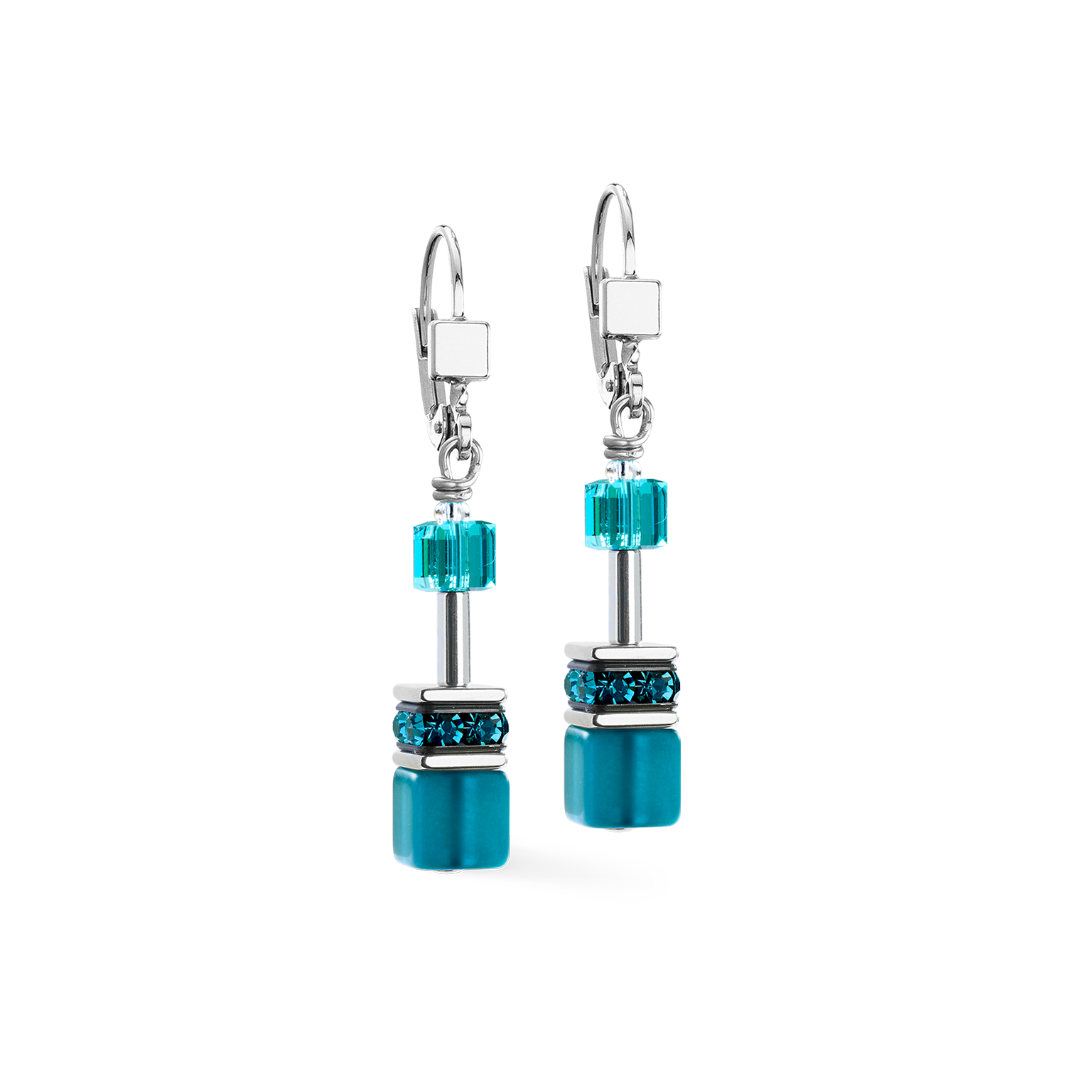 GeoCUBE® Iconic Ohrringe Teal silber von COEUR DE LION – Detailaufnahme