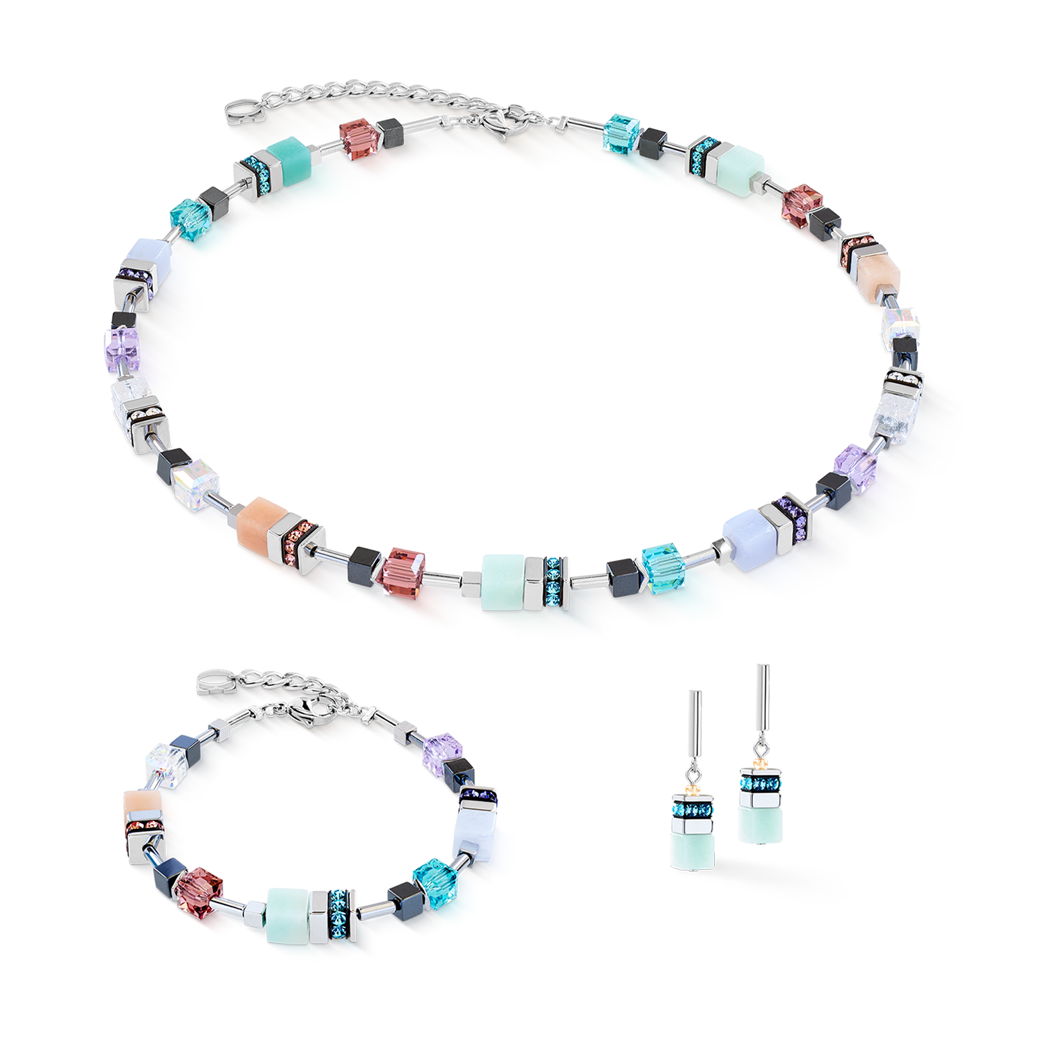GeoCUBE® Precious Motion Halskette Sorbet silber von COEUR DE LION – im Set mit passenden Schmuckstücken