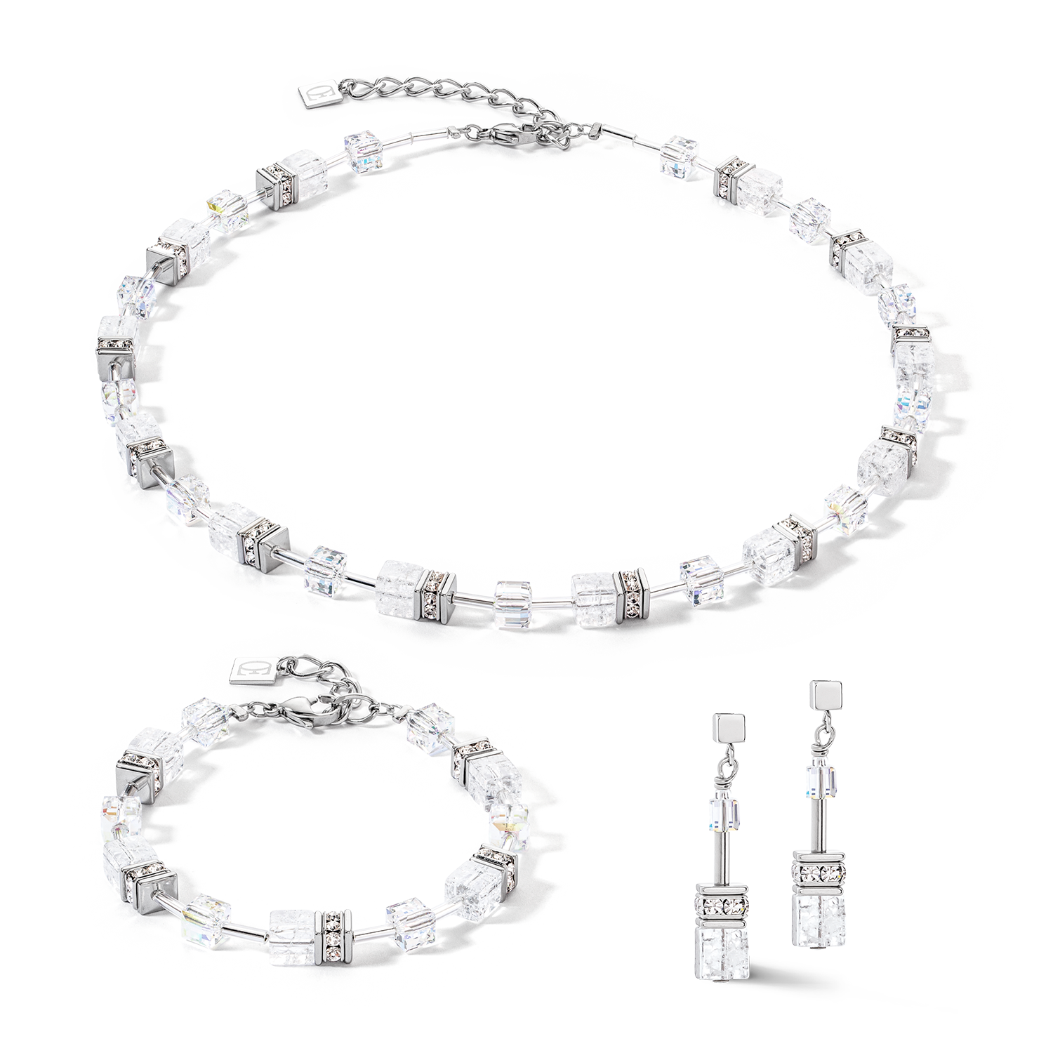 GeoCUBE® Iconic Nature Halskette silber-weiß von COEUR DE LION – im Set mit passenden Schmuckstücken