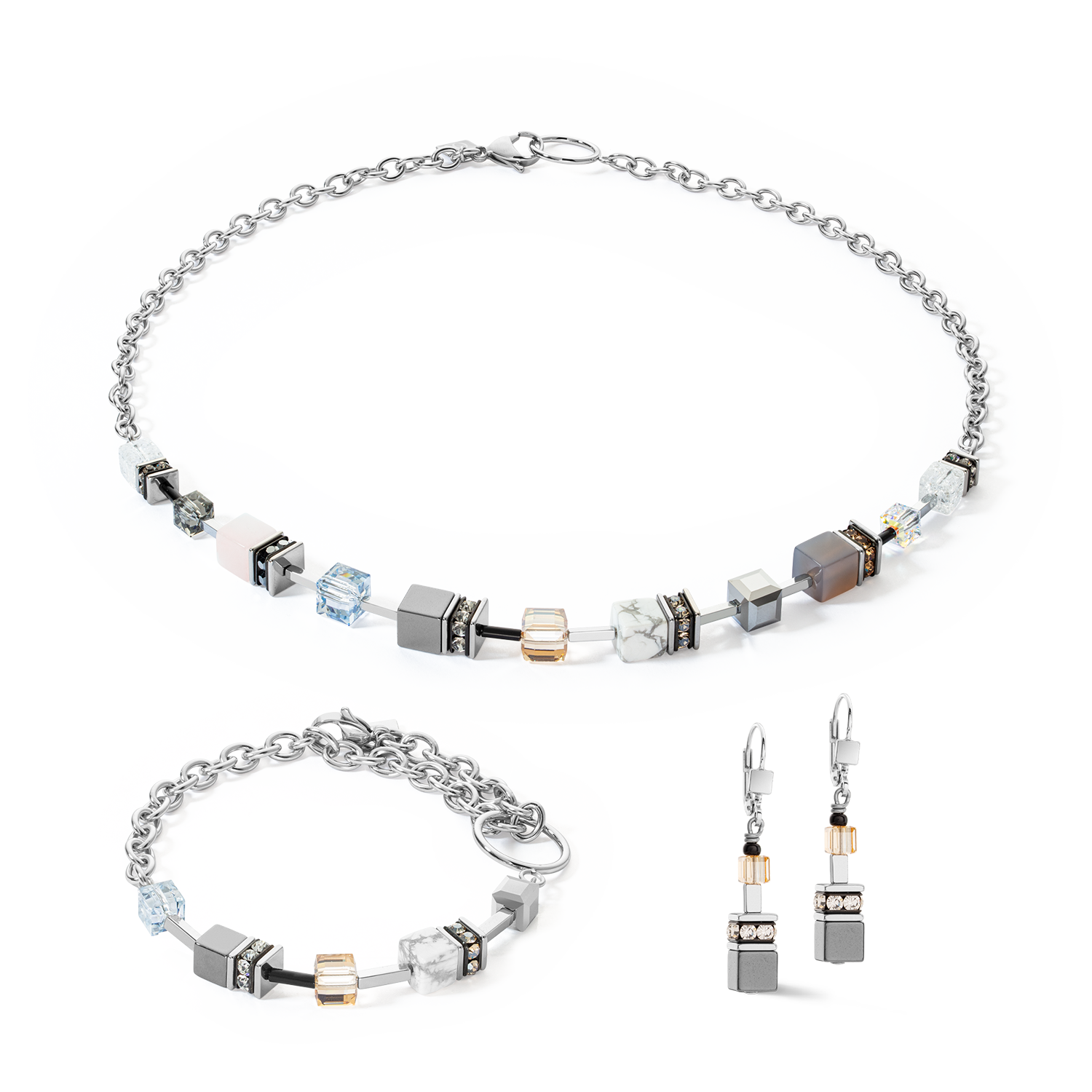 GeoCUBE® Iconic Precious Chain Armband grau-beige von COEUR DE LION – im Set mit passenden Schmuckstücken