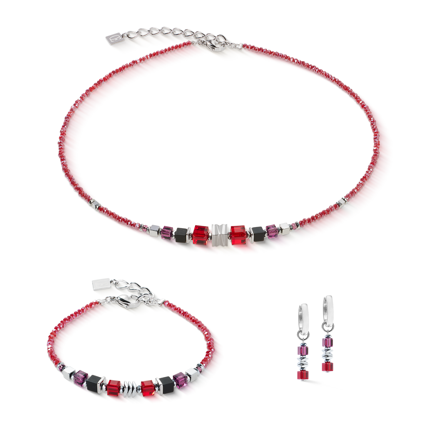 Armband Wave Cube Flow silber-rot von COEUR DE LION – im Set mit passenden Schmuckstücken