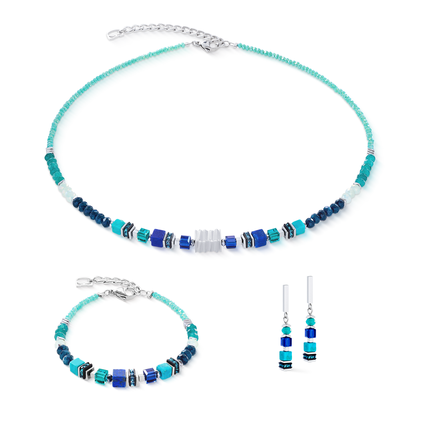 Halskette Wave Precious Flow silber-teal von COEUR DE LION – im Set mit passenden Schmuckstücken