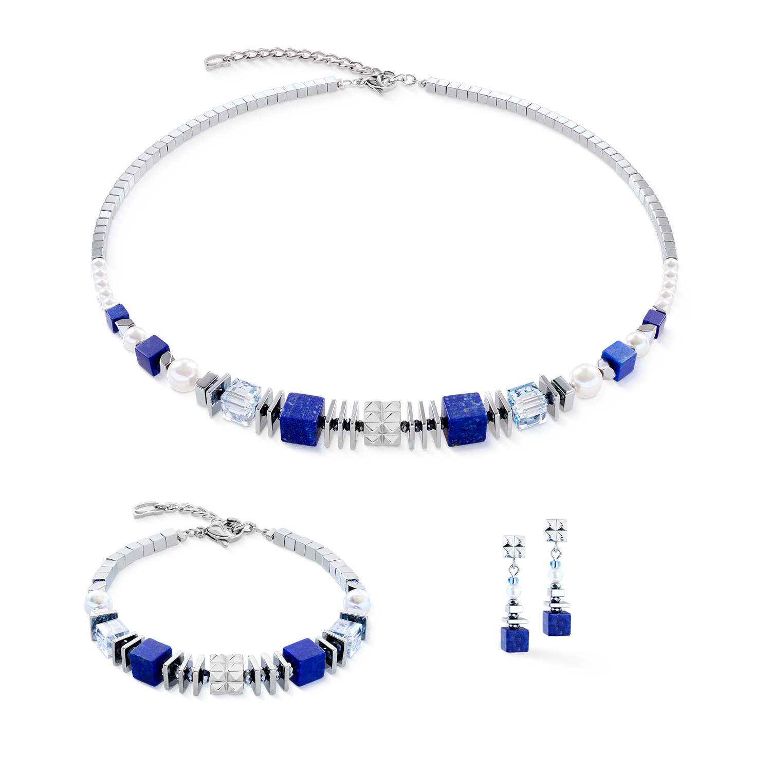 Armband Statement Cube Facets silber-blau von COEUR DE LION – im Set mit passenden Schmuckstücken