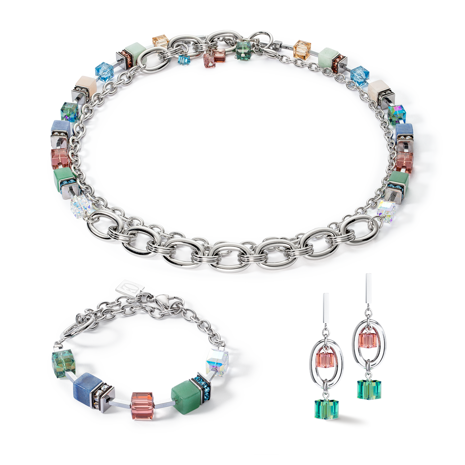 Halskette GeoCUBE® Statement Precious Chunky Chain Multiwear 35 multicolor von COEUR DE LION – im Set mit passenden Schmuckst