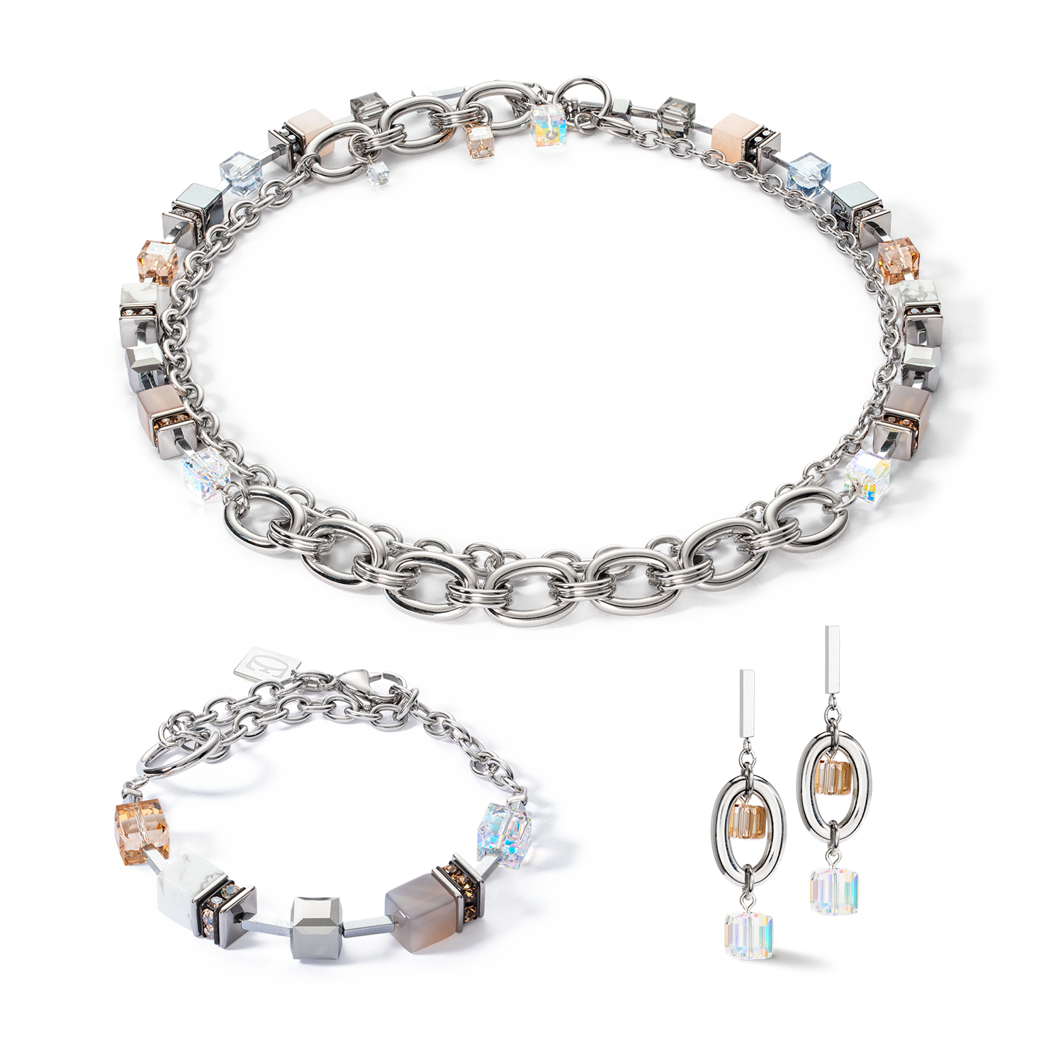 Ohrringe GeoCUBE® Statement Precious Chunky Chain Multiwear grau-beige