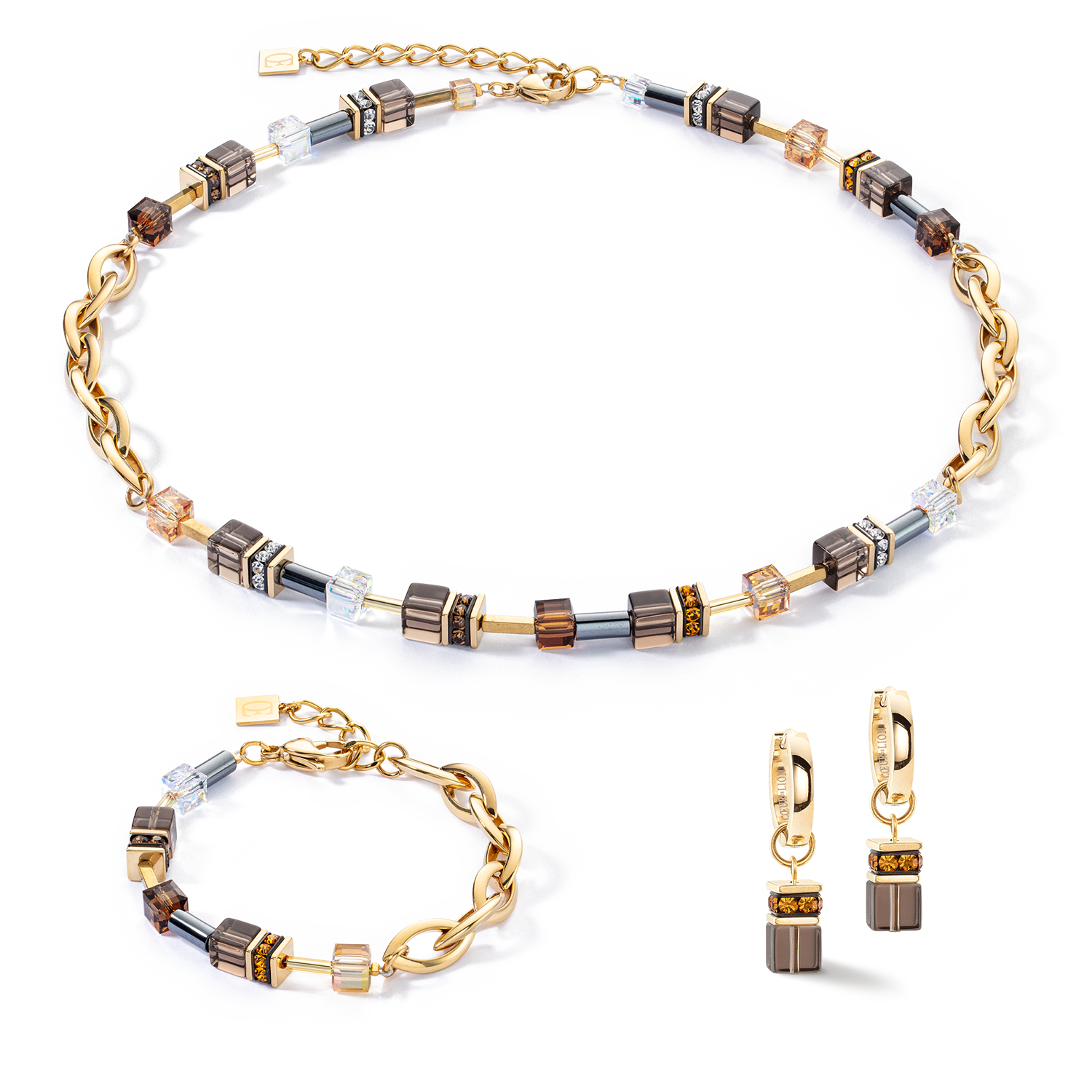 GeoCUBE® Chunky Chain Halskette gold-braun von COEUR DE LION – im Set mit passenden Schmuckstücken