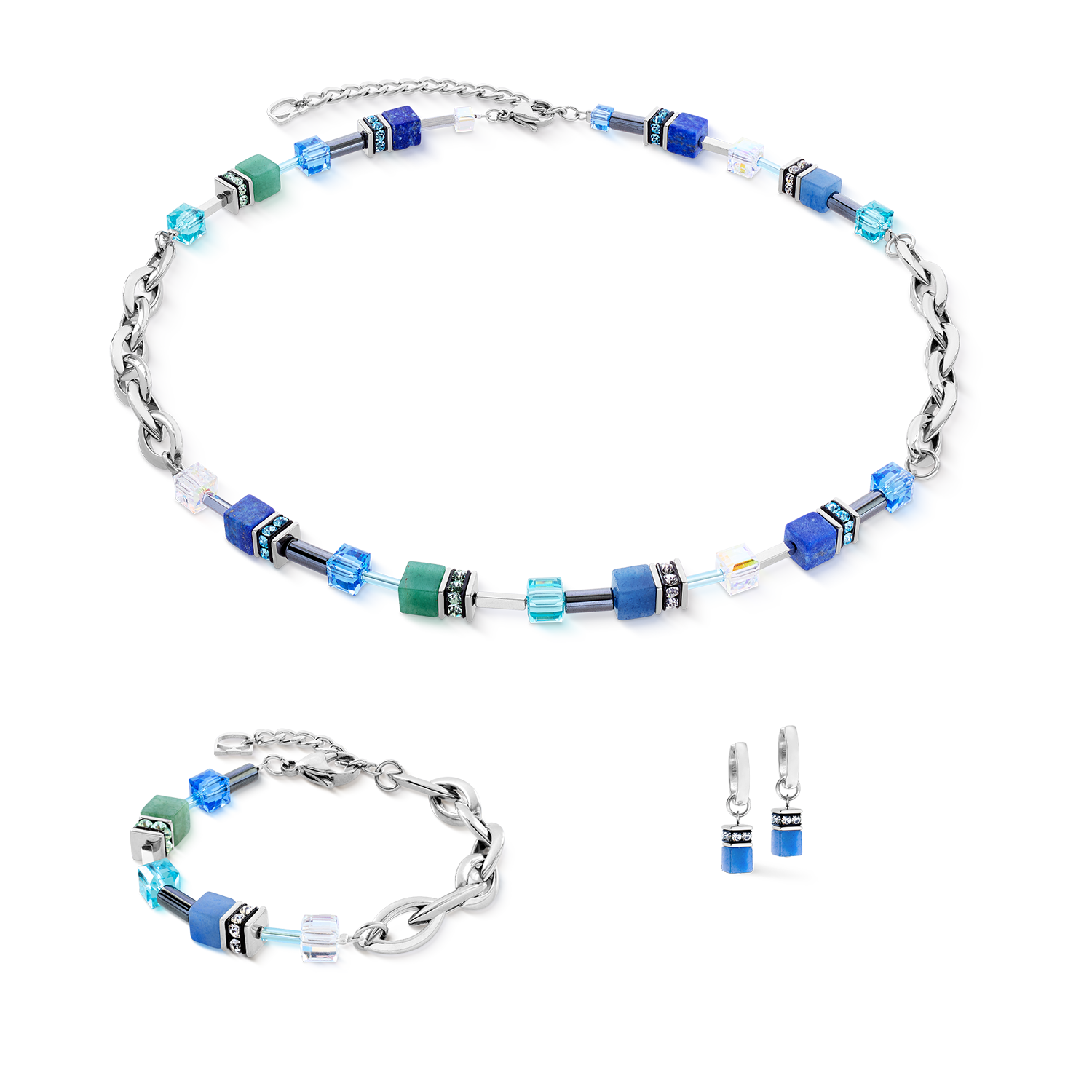 GeoCUBE® Chunky Chain Creolen silber-blau von COEUR DE LION – im Set mit passenden Schmuckstücken