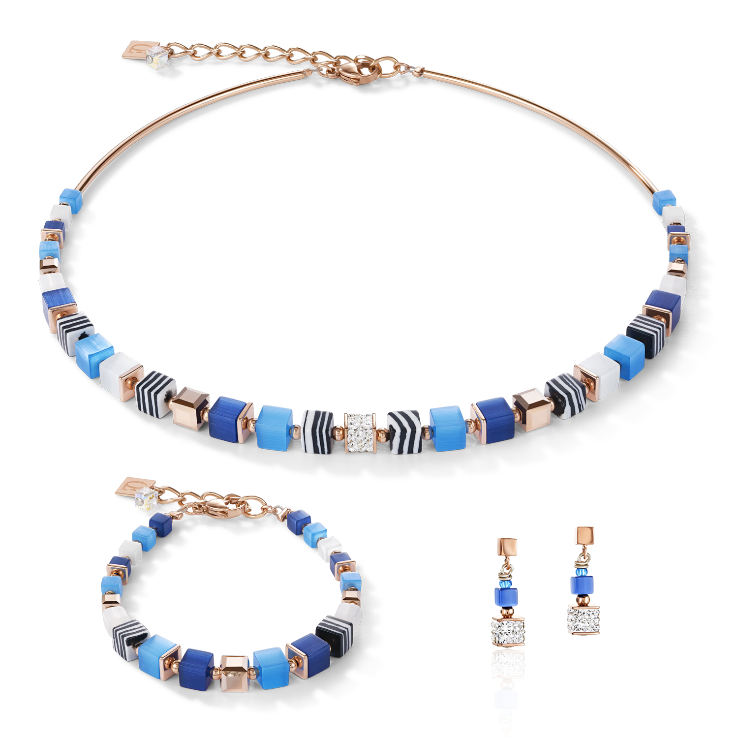Halskette GeoCUBE® Kristalle Pavé, synthetischer Malachit & Swarovski® Kristalle blau-türkis