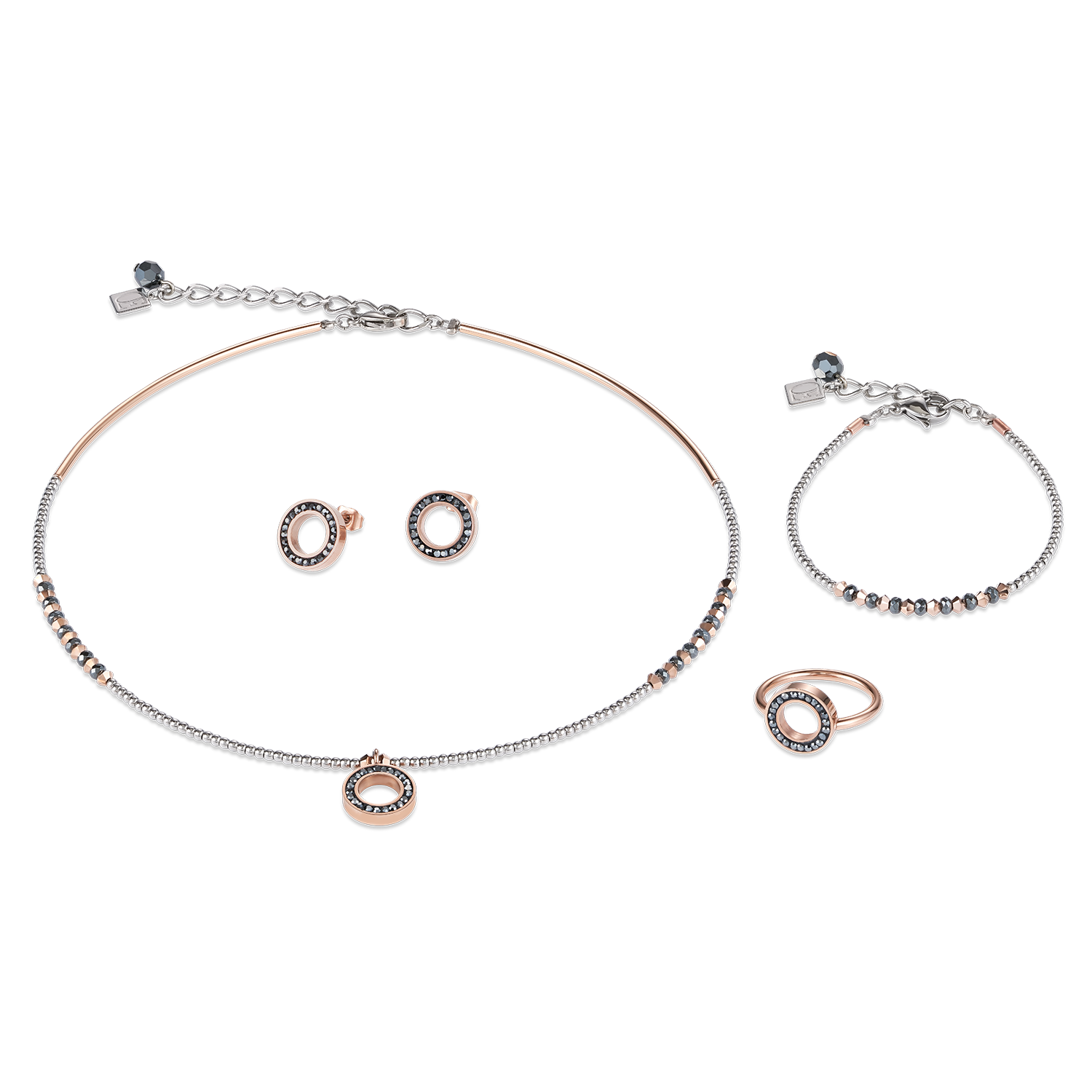 Ohrringe Ring Kristall Pavé anthrazit small & Edelstahl roségold & silber