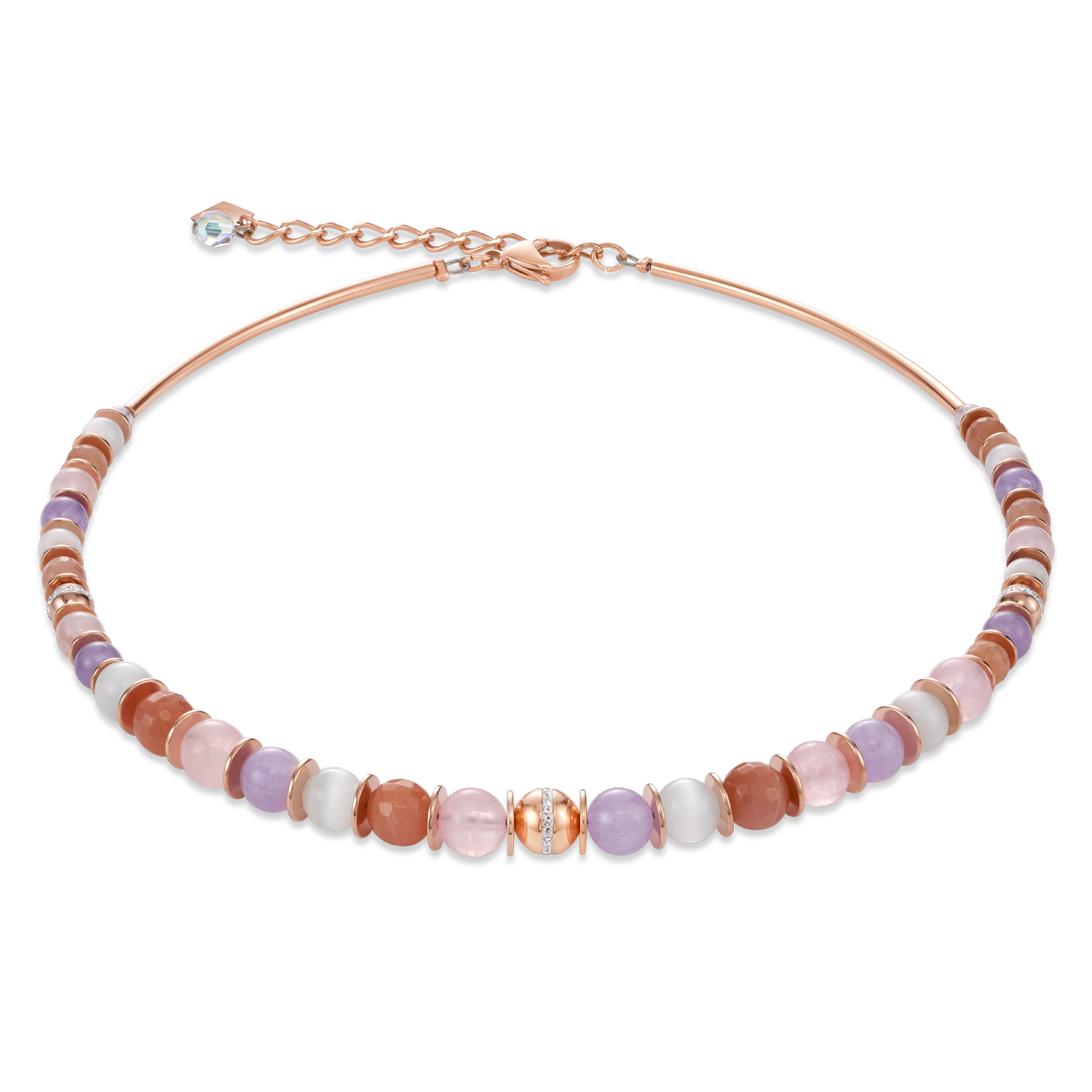 Halskette Kugel Edelsteine, Edelstahl roségold & Pavé-Kristalle rosa-beige